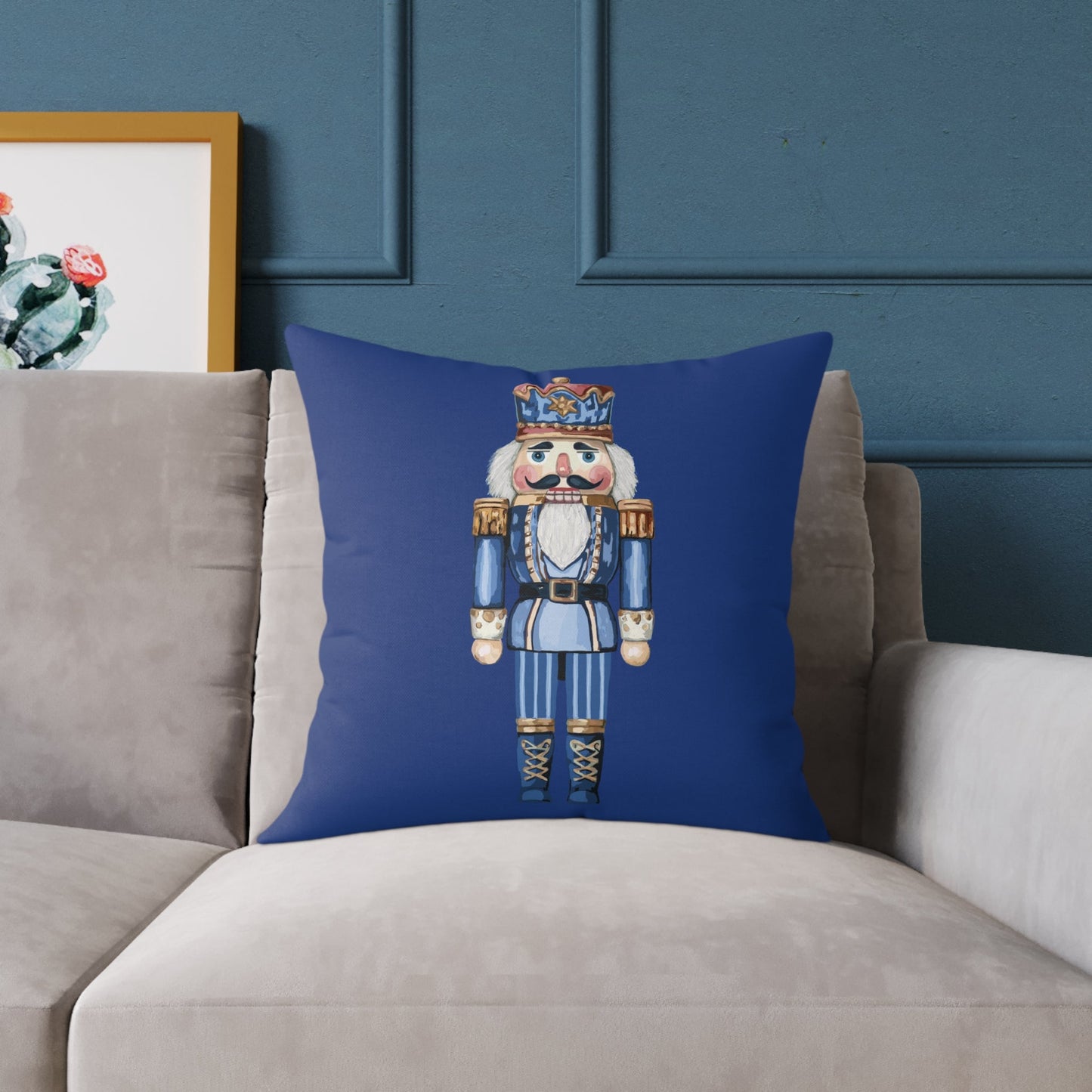 Nutcracker Square Canvas Pillow - Holiday Home Decor, Festive Christmas Decoration - Blue Cava