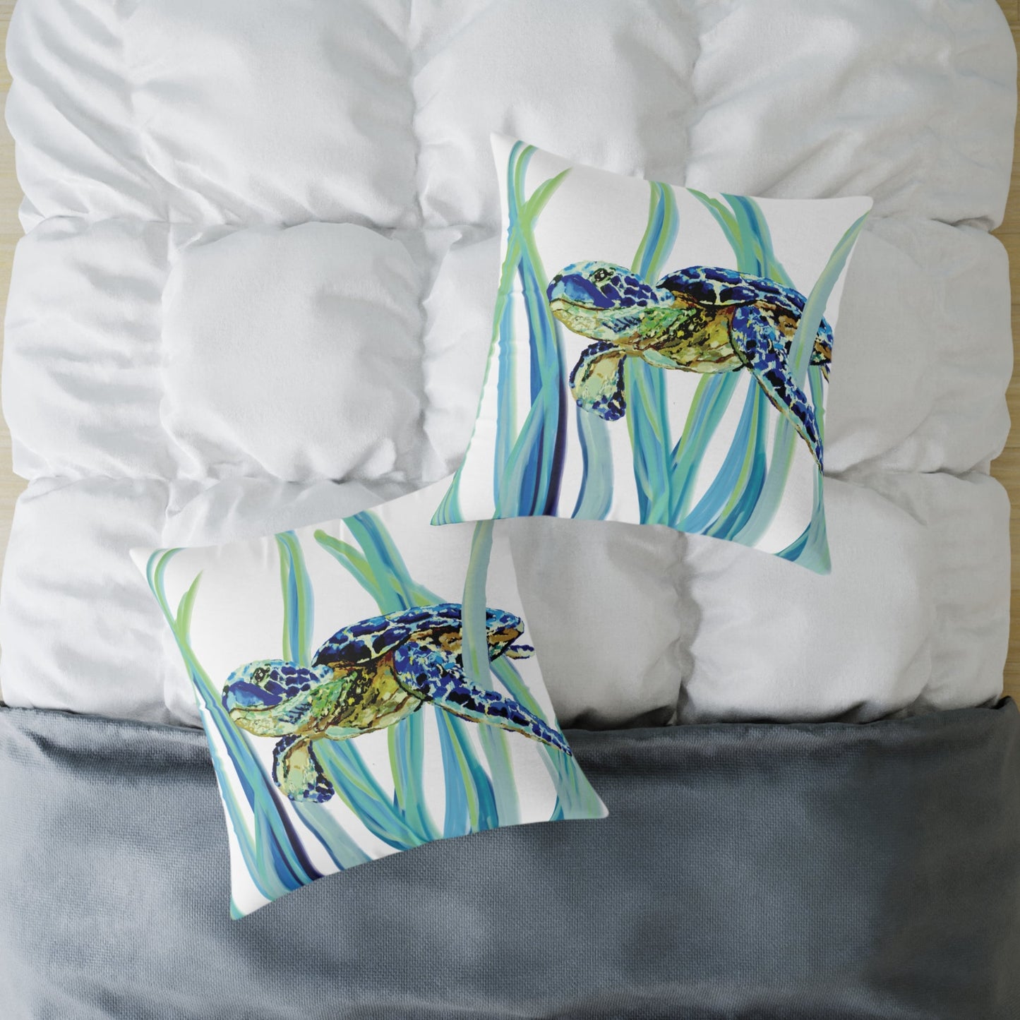 Ocean - Inspired Sea Turtle Square Pillow - Coastal Home Decor - Blue Cava