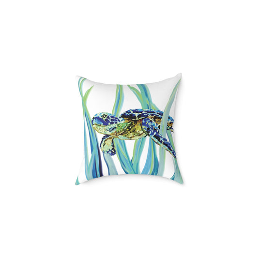 Ocean - Inspired Sea Turtle Square Pillow - Coastal Home Decor - Blue Cava