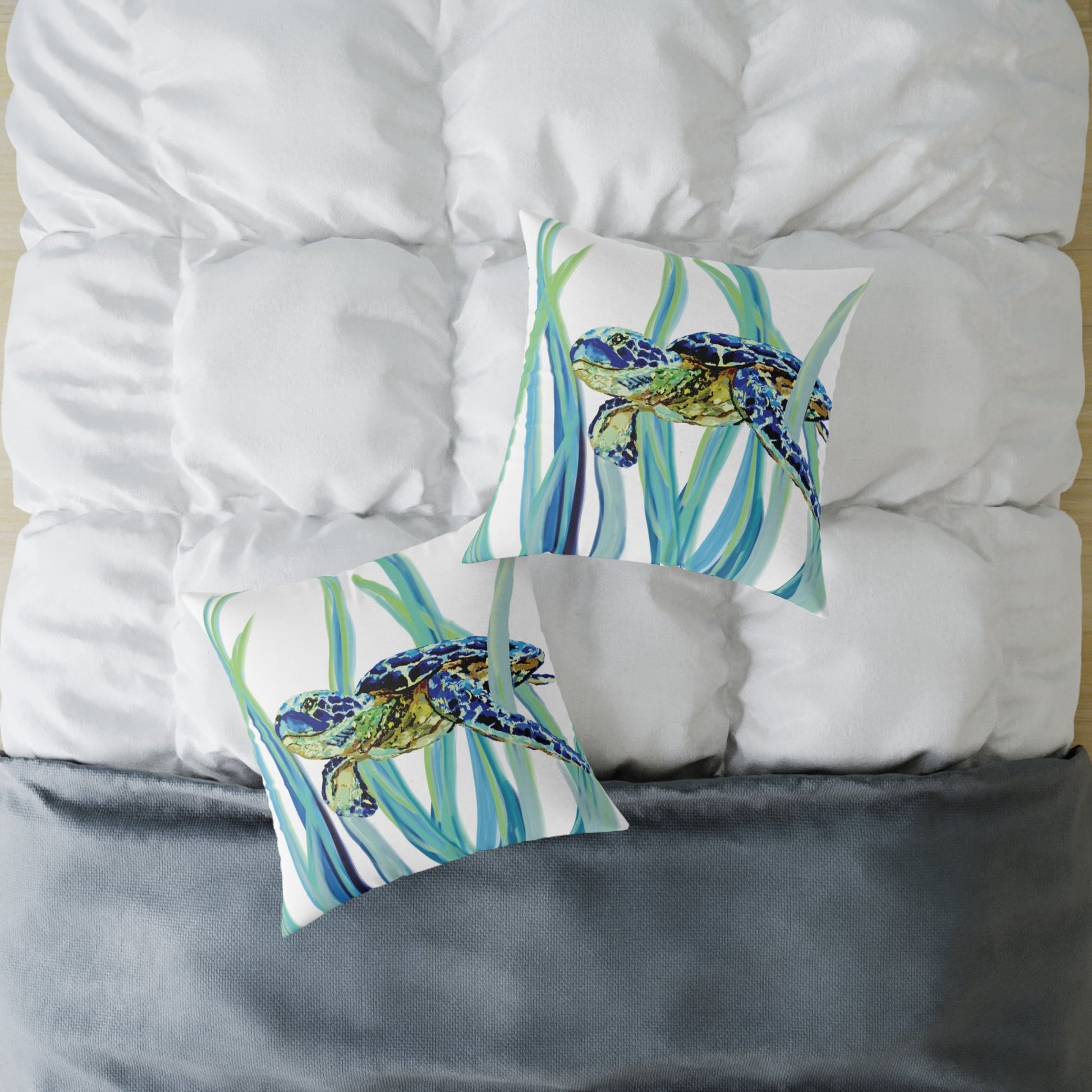 Ocean - Inspired Sea Turtle Square Pillow - Coastal Home Decor - Blue Cava