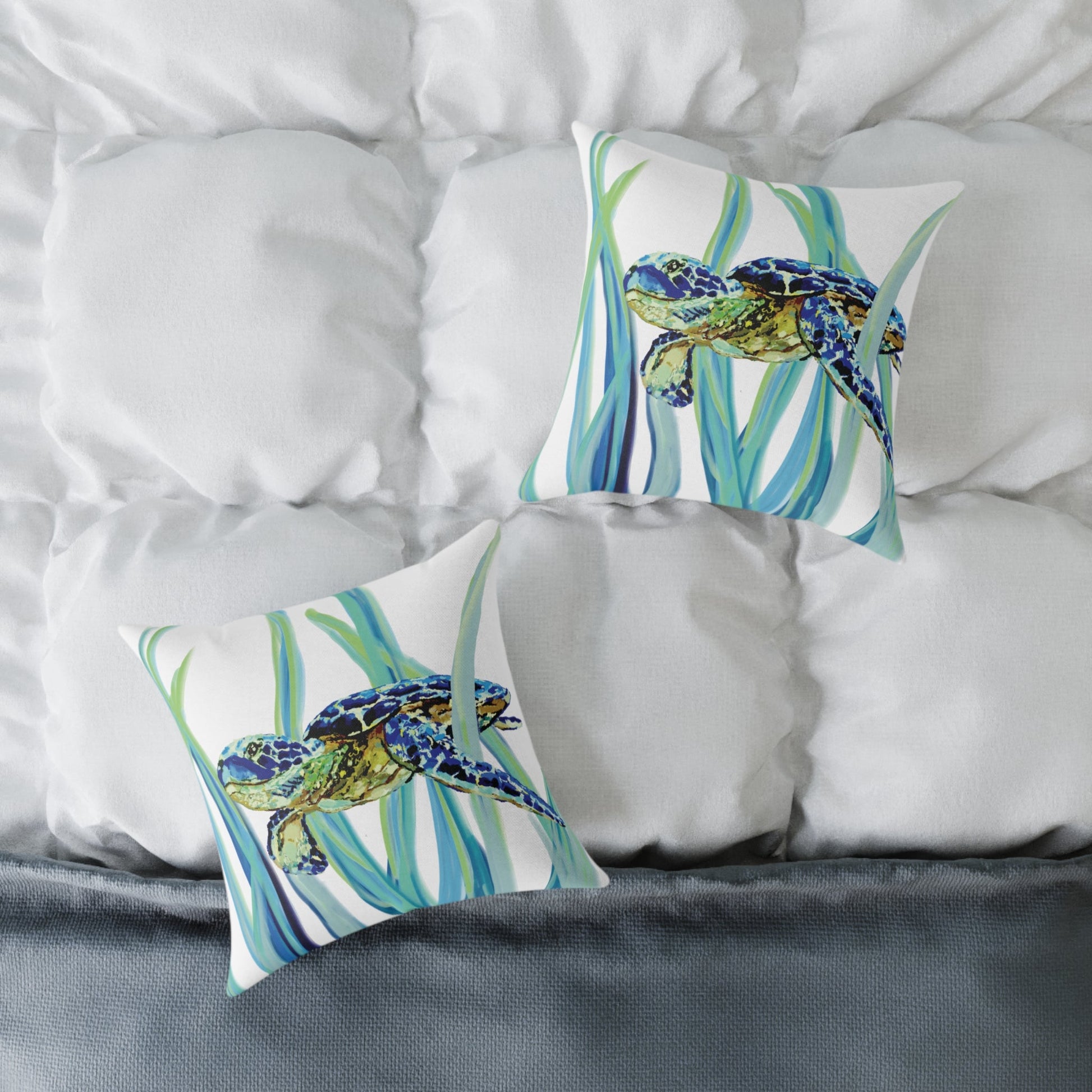 Ocean - Inspired Sea Turtle Square Pillow - Coastal Home Decor - Blue Cava