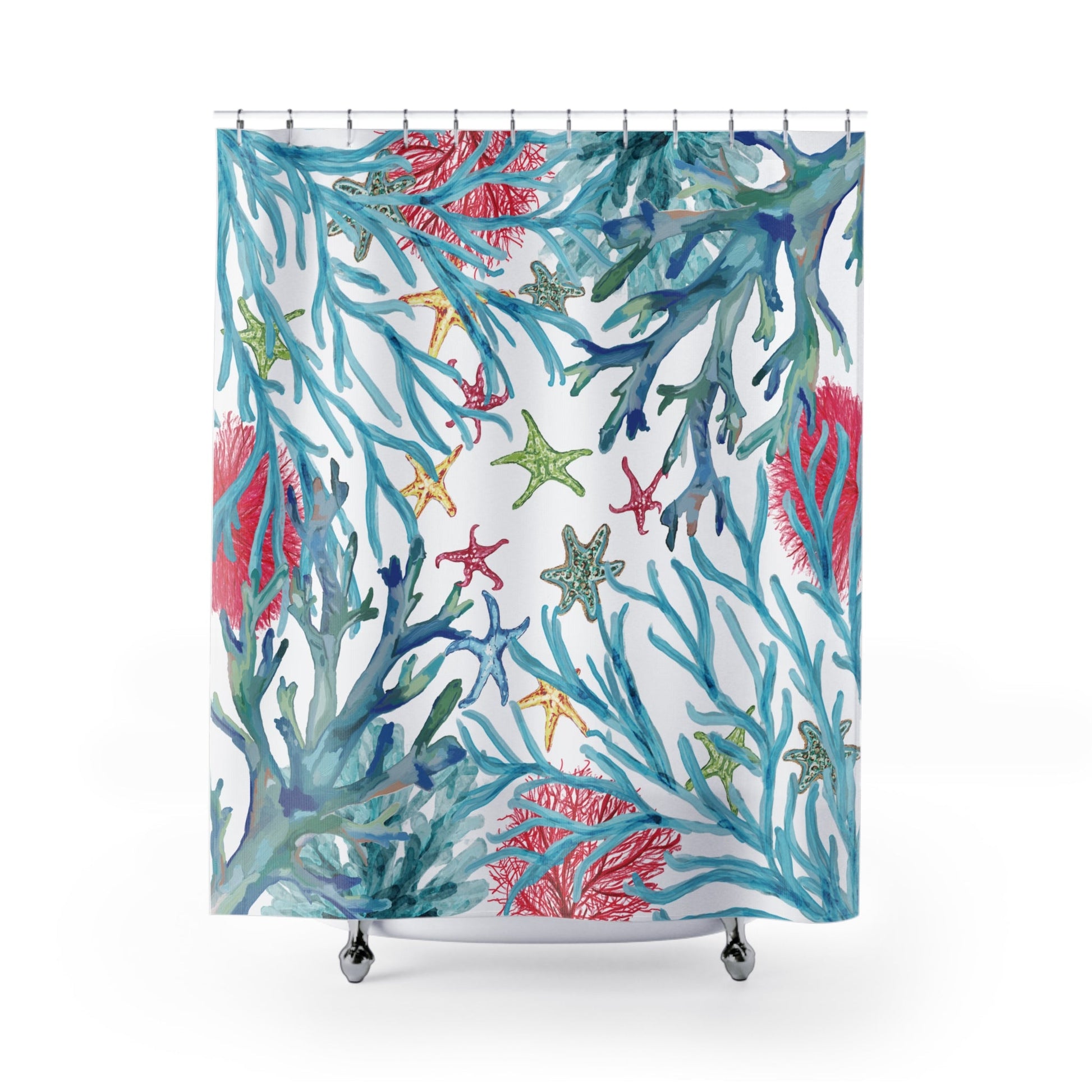 Ocean - Inspired Shower Curtain - Coral & Starfish Design for Coastal Decor - Blue Cava