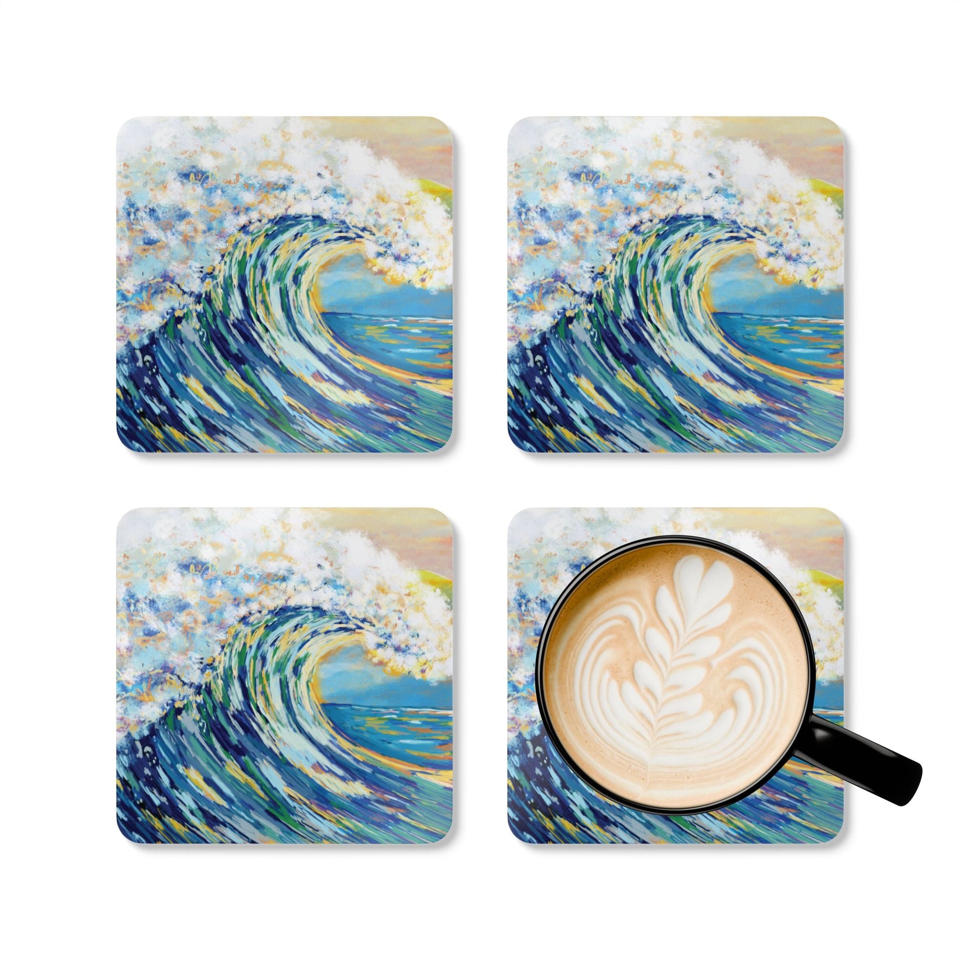 Ocean Wave Cork Coaster Set - Artistic Drink Coasters for Home Decor - Blue Cava