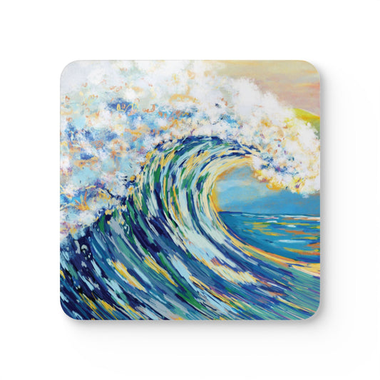 Ocean Wave Cork Coaster Set - Artistic Drink Coasters for Home Decor - Blue Cava