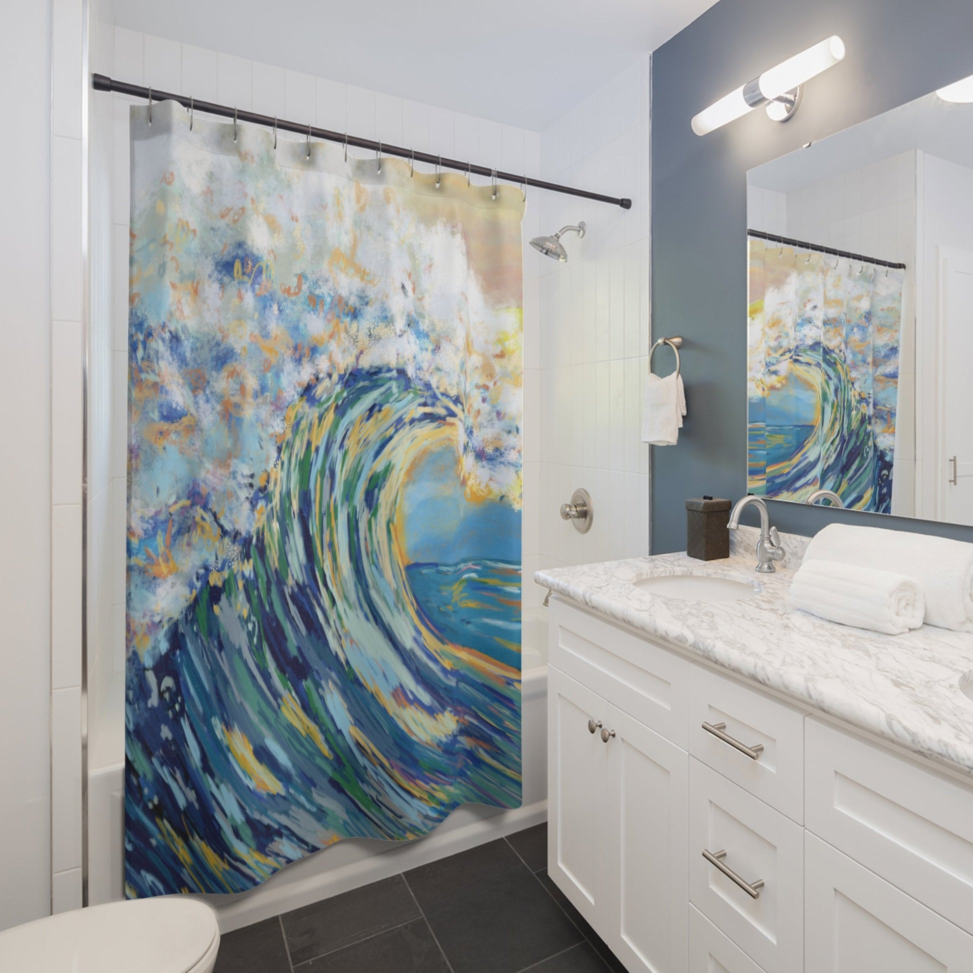 Ocean Wave Shower Curtain – Colorful Coastal Bathroom Decor - Blue Cava