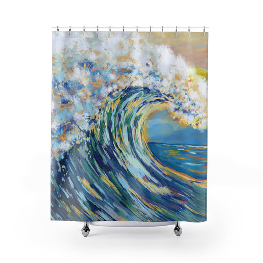 Ocean Wave Shower Curtain – Colorful Coastal Bathroom Decor - Blue Cava