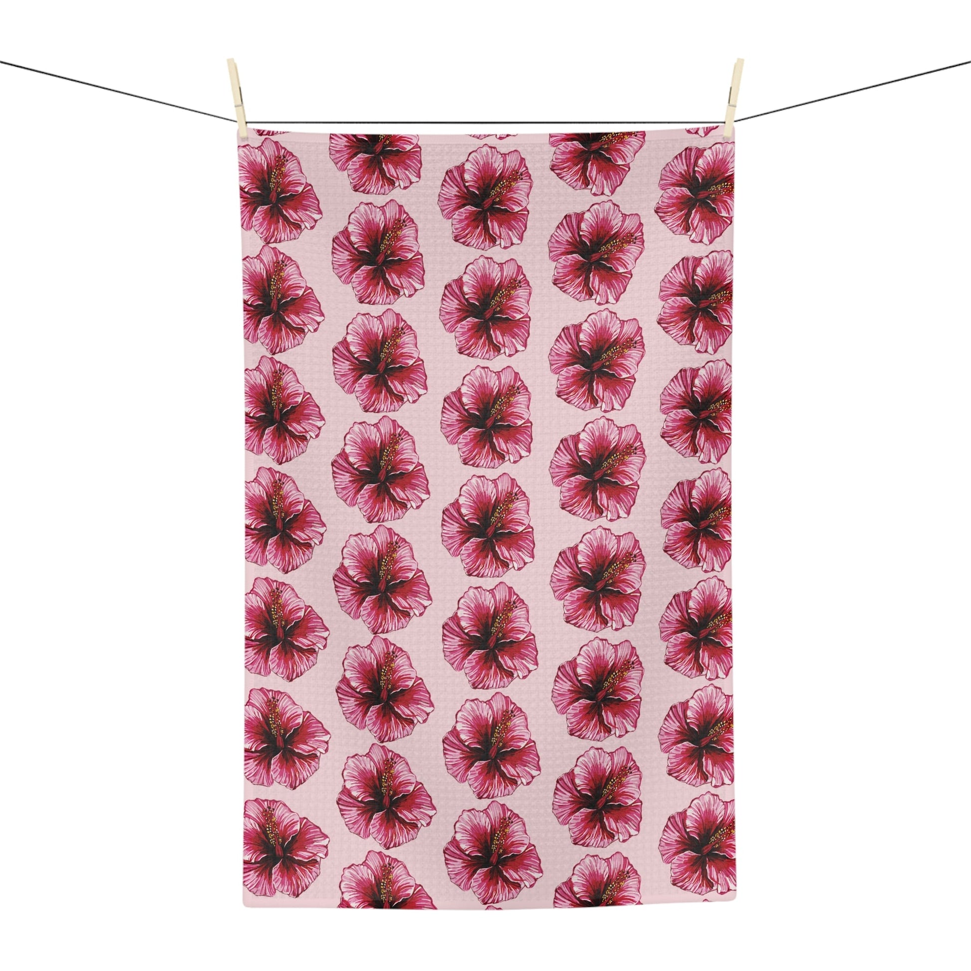 Pink Floral Hibiscus Microfiber Waffle Kitchen Towel - Blue Cava