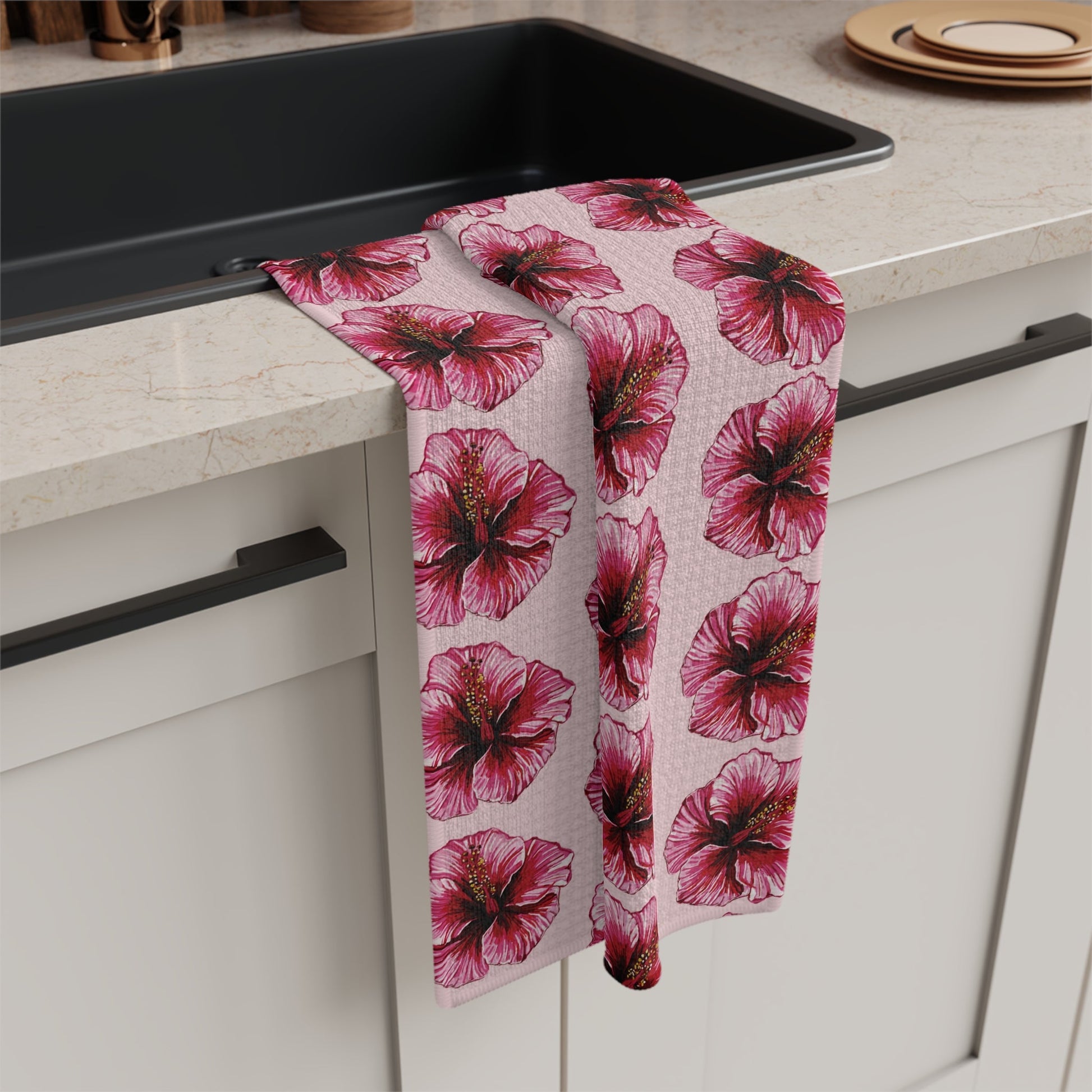 Pink Floral Hibiscus Microfiber Waffle Kitchen Towel - Blue Cava
