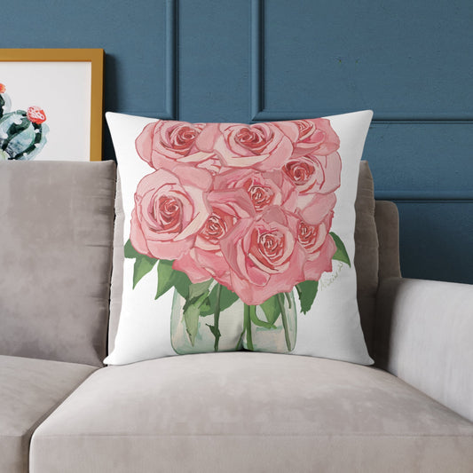Romantic Pink Rose Square Pillow - Floral Decor for Home & Special Occasions - Blue Cava