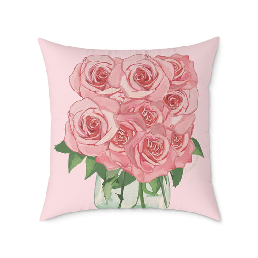 Romantic Pink Roses Square Pillow - Floral Decor for Home & Special Occasions - Blue Cava
