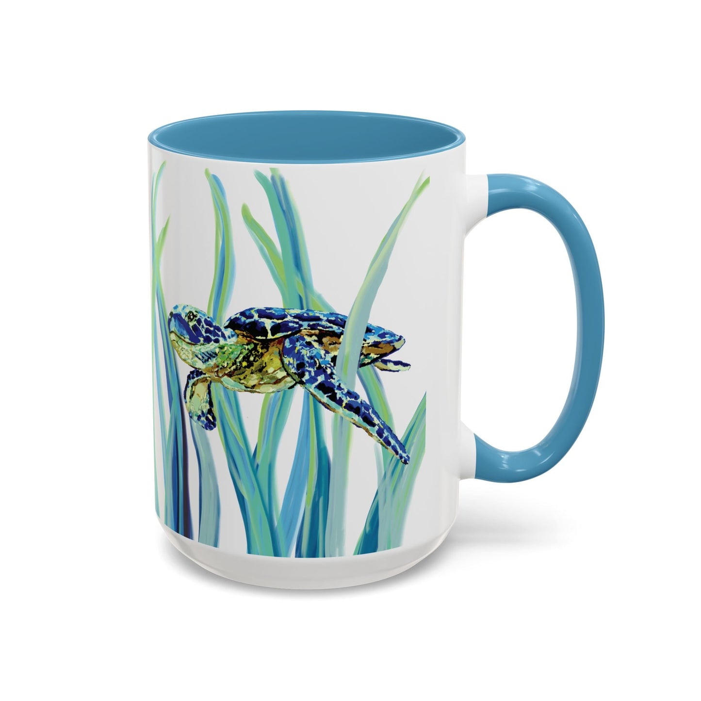 Sea Turtle Ocean Inspired Two - Tone Ceramic Mugs, 11oz & 15oz - Blue Cava