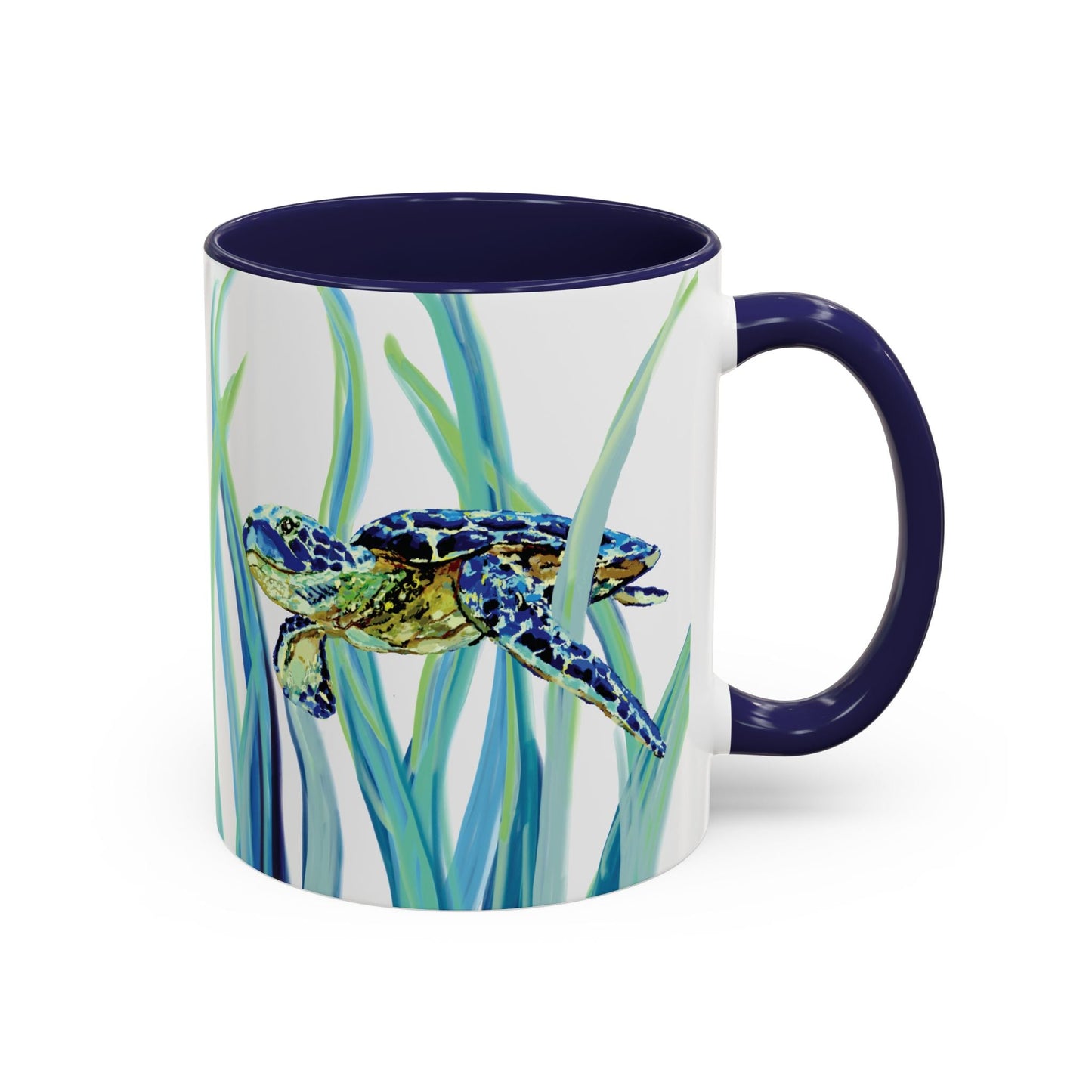 Sea Turtle Ocean Inspired Two - Tone Ceramic Mugs, 11oz & 15oz - Blue Cava