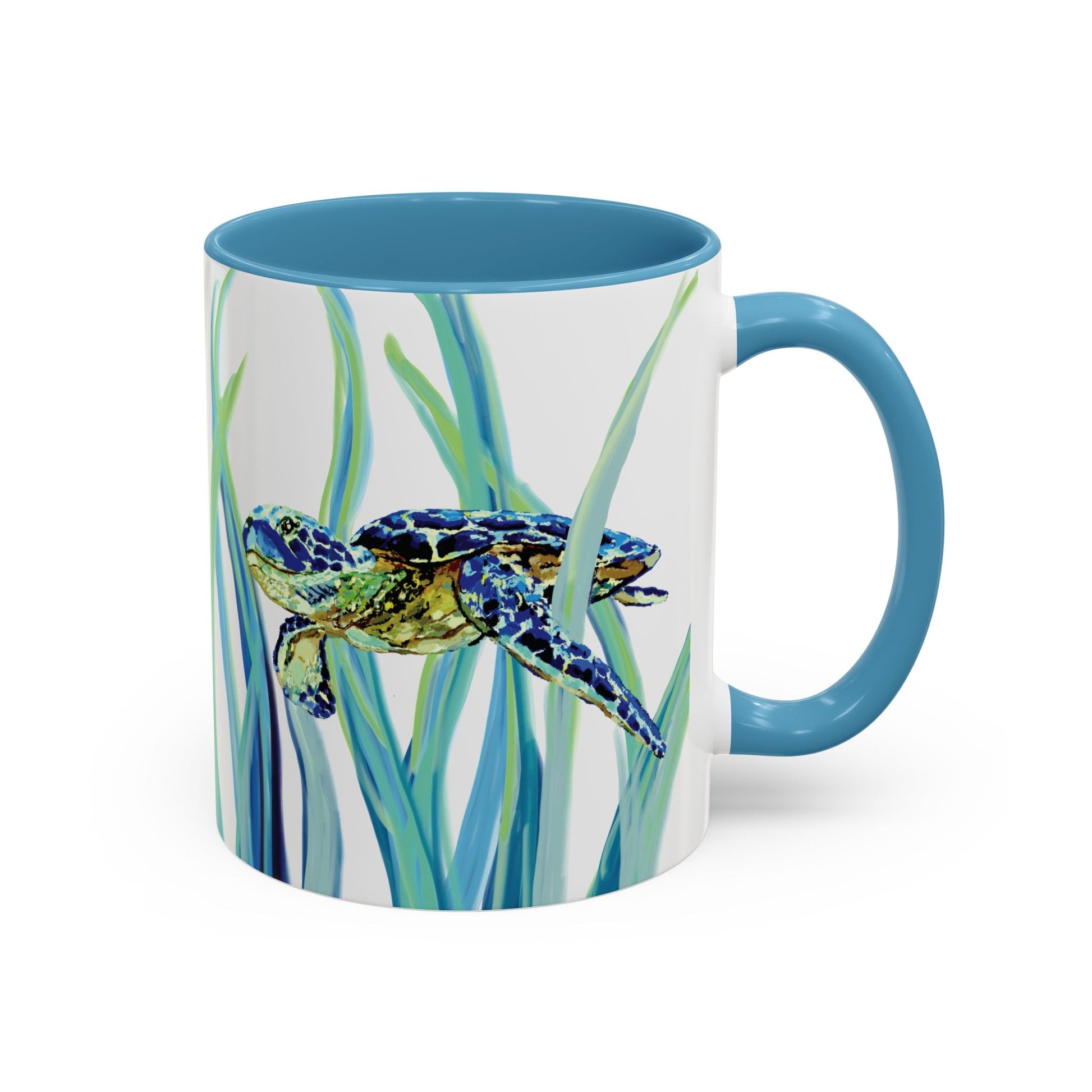 Sea Turtle Ocean Inspired Two - Tone Ceramic Mugs, 11oz & 15oz - Blue Cava