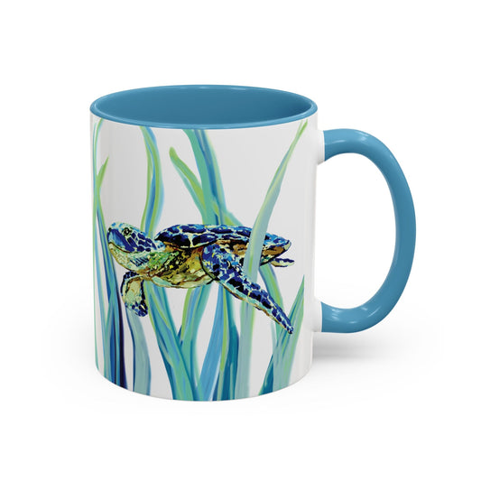 Sea Turtle Ocean Inspired Two - Tone Ceramic Mugs, 11oz & 15oz - Blue Cava