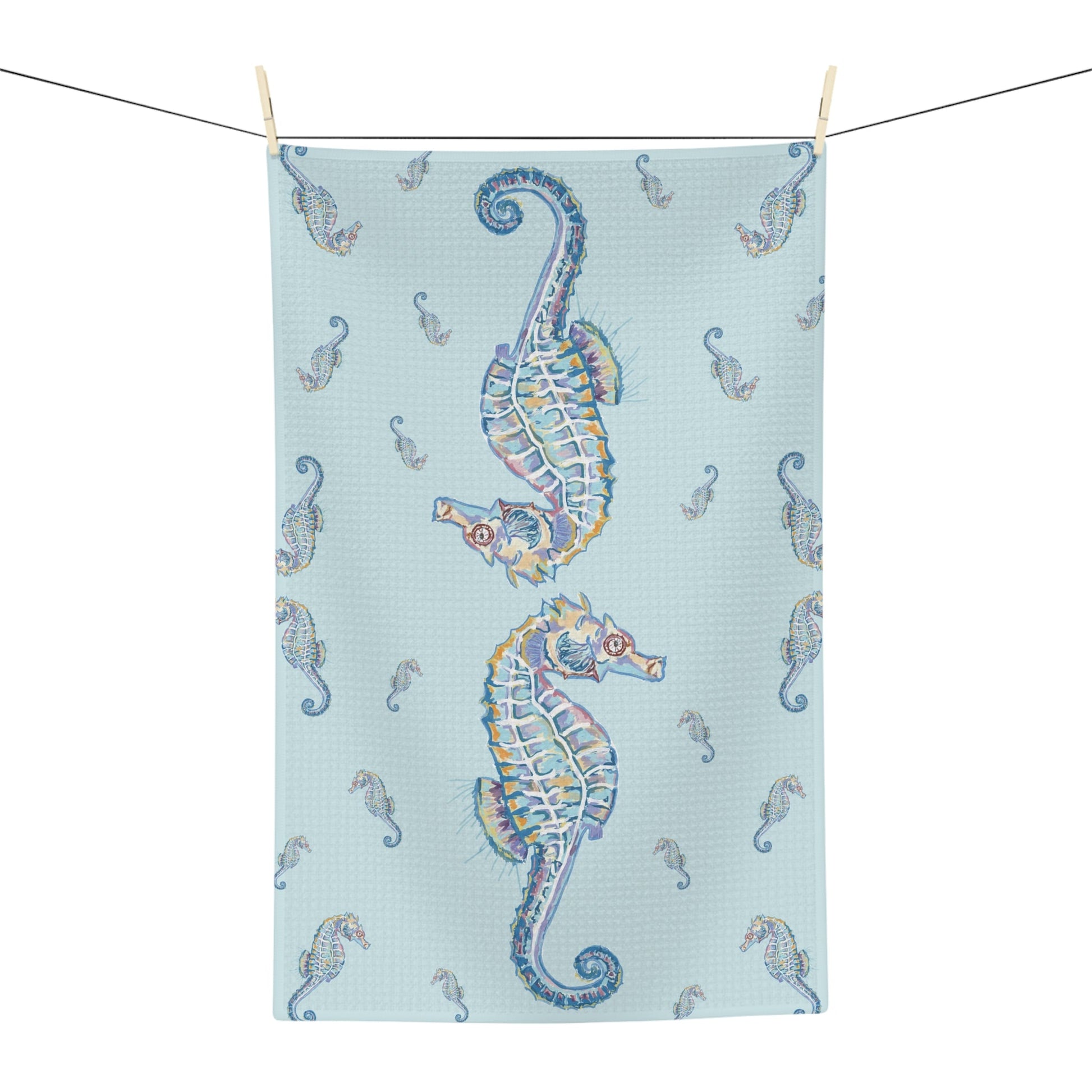 Seahorse Microfiber Waffle Towel - Nautical Kitchen Decor - Blue Cava