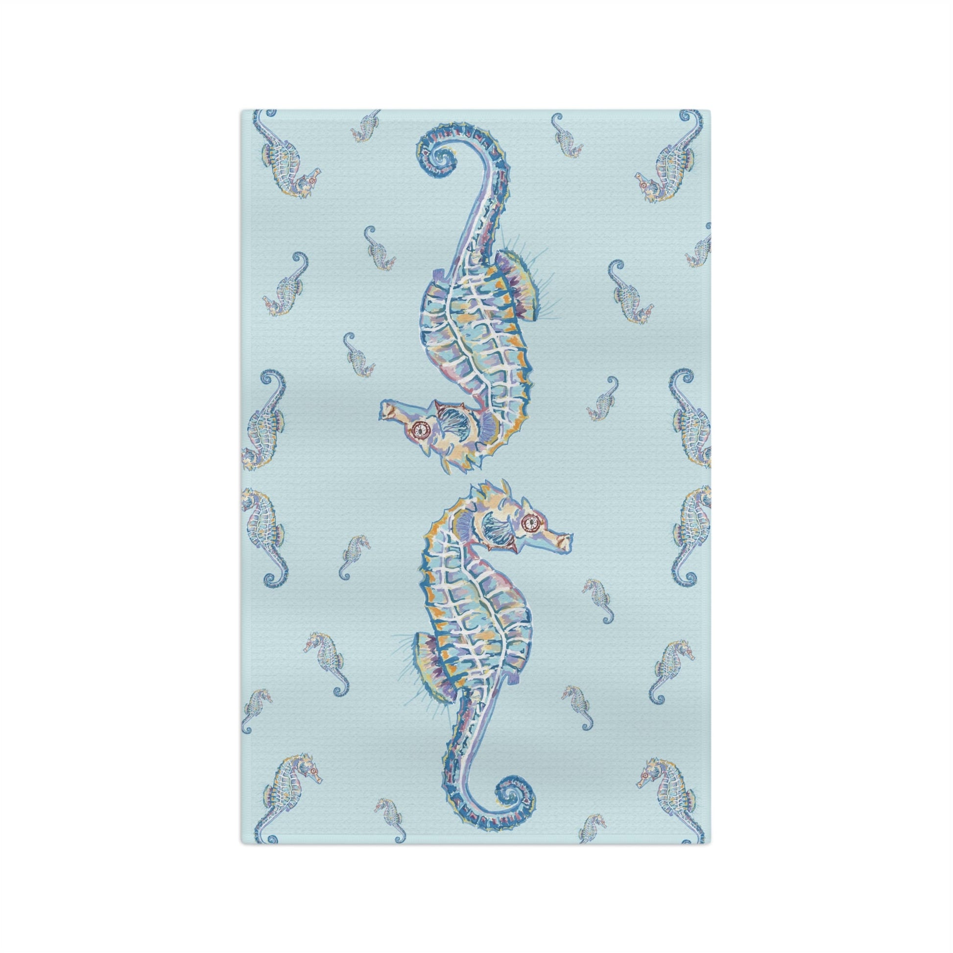 Seahorse Microfiber Waffle Towel - Nautical Kitchen Decor - Blue Cava
