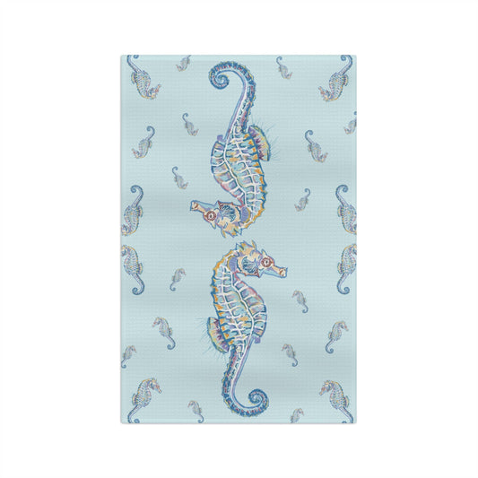 Seahorse Microfiber Waffle Towel - Nautical Kitchen Decor - Blue Cava