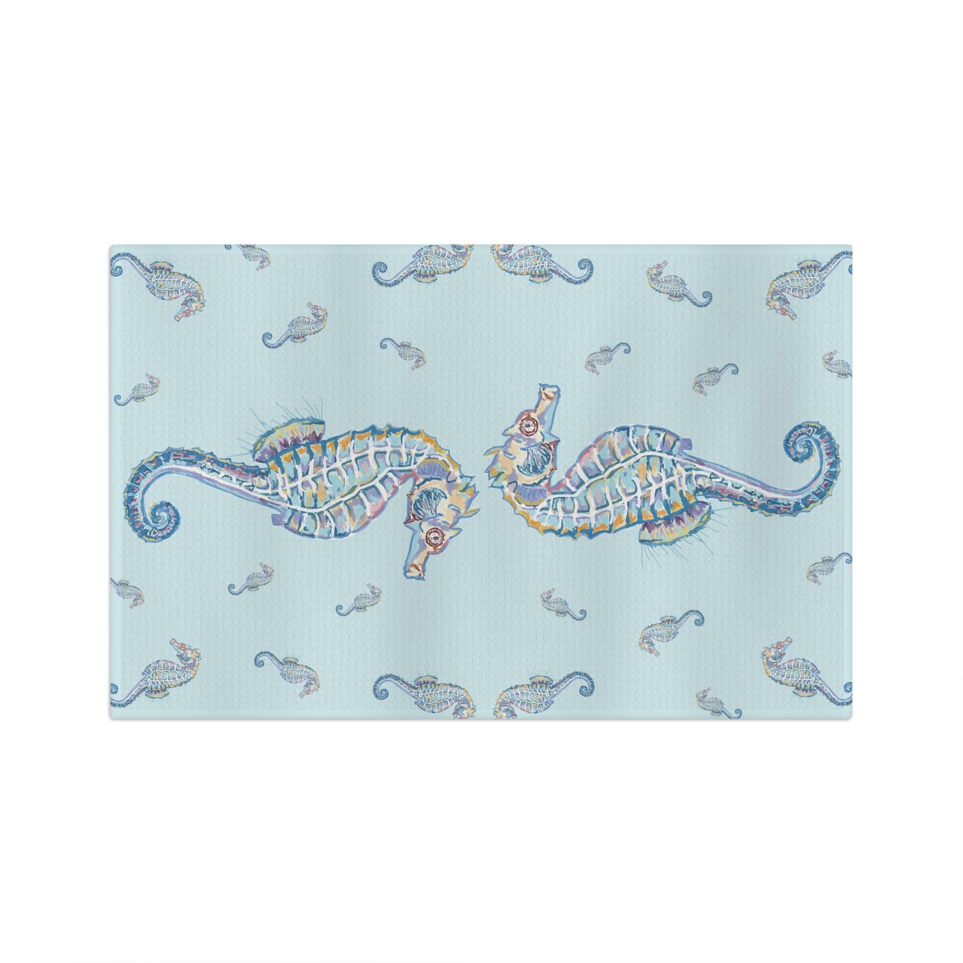 Seahorse Microfiber Waffle Towel - Nautical Kitchen Decor - Blue Cava