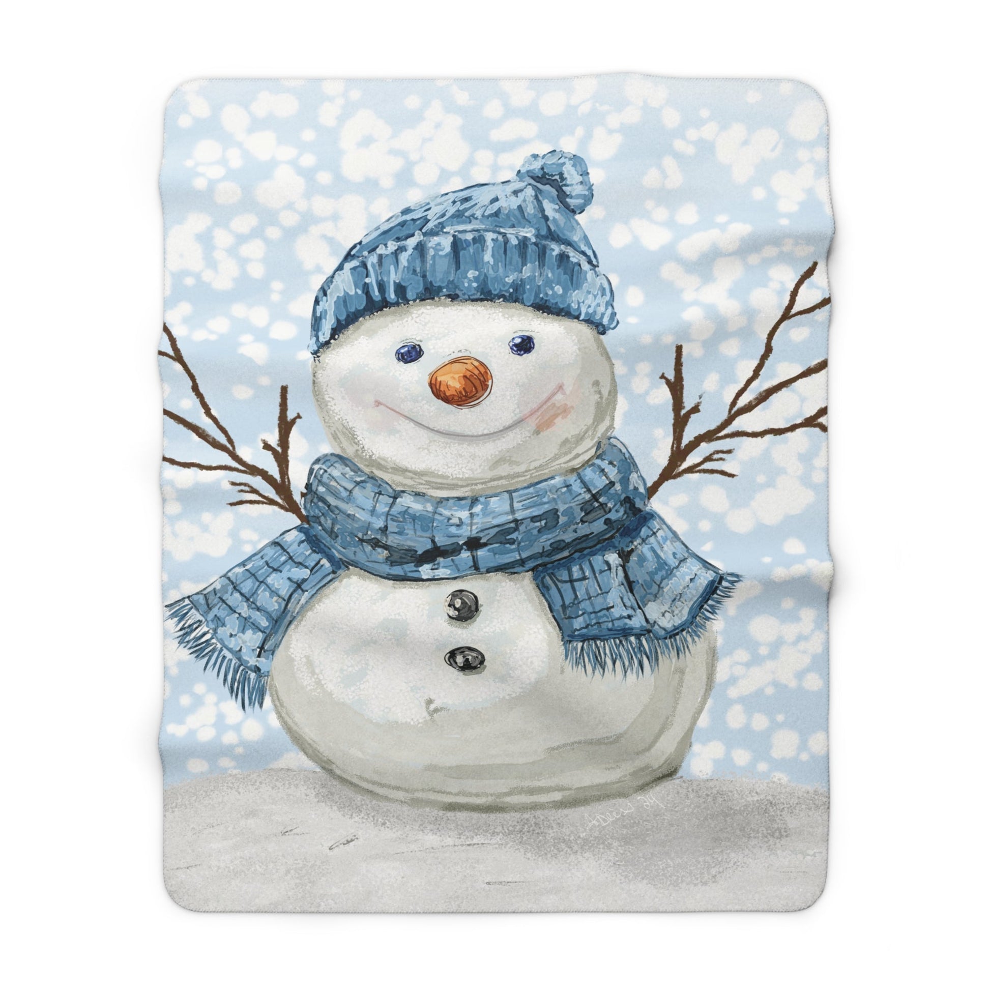 Snowman Sherpa Fleece Blanket, Winter Decor, Holiday Gift, Soft Plush Throw - Blue Cava