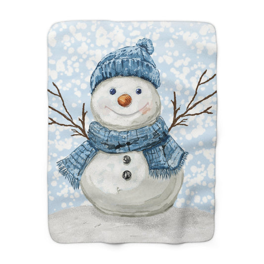 Snowman Sherpa Fleece Blanket, Winter Decor, Holiday Gift, Soft Plush Throw - Blue Cava