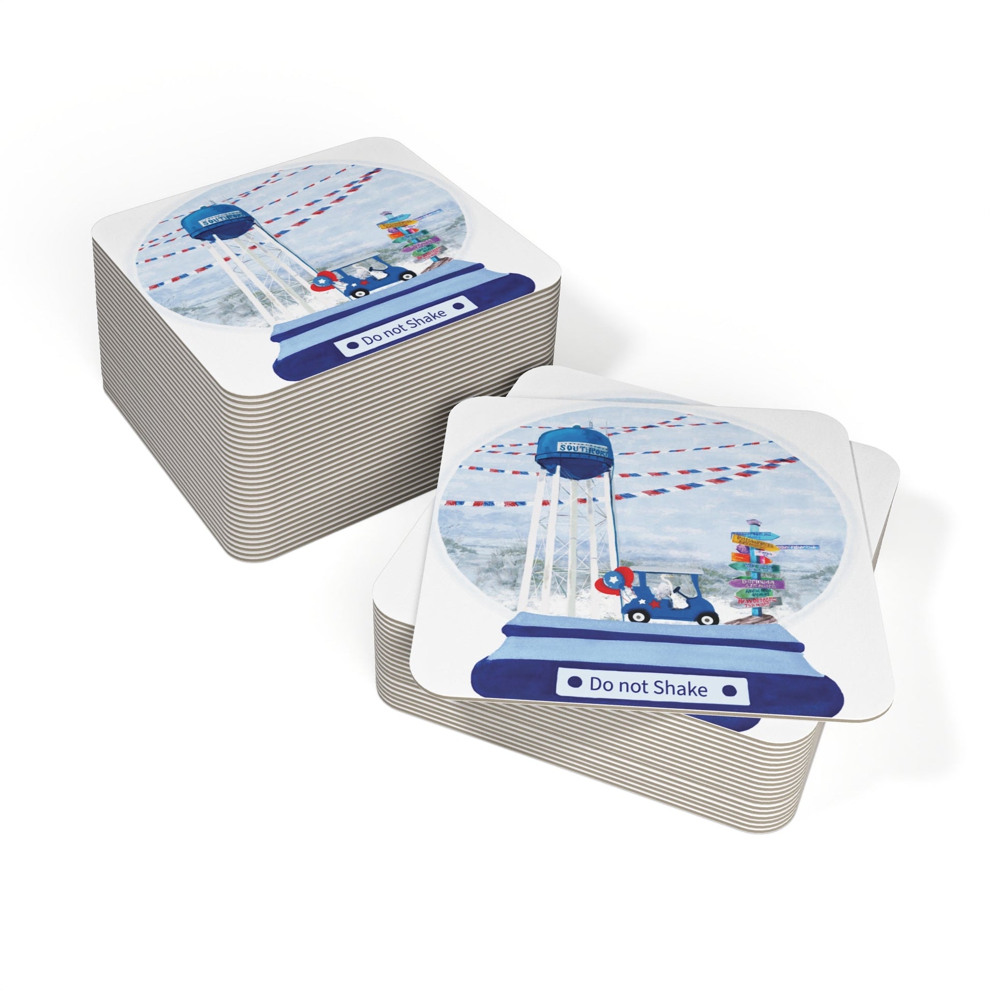 Southport Globe Coasters Set - 50 or 100 pcs | Fun Decor with 'Do Not Shake' Design - Blue Cava