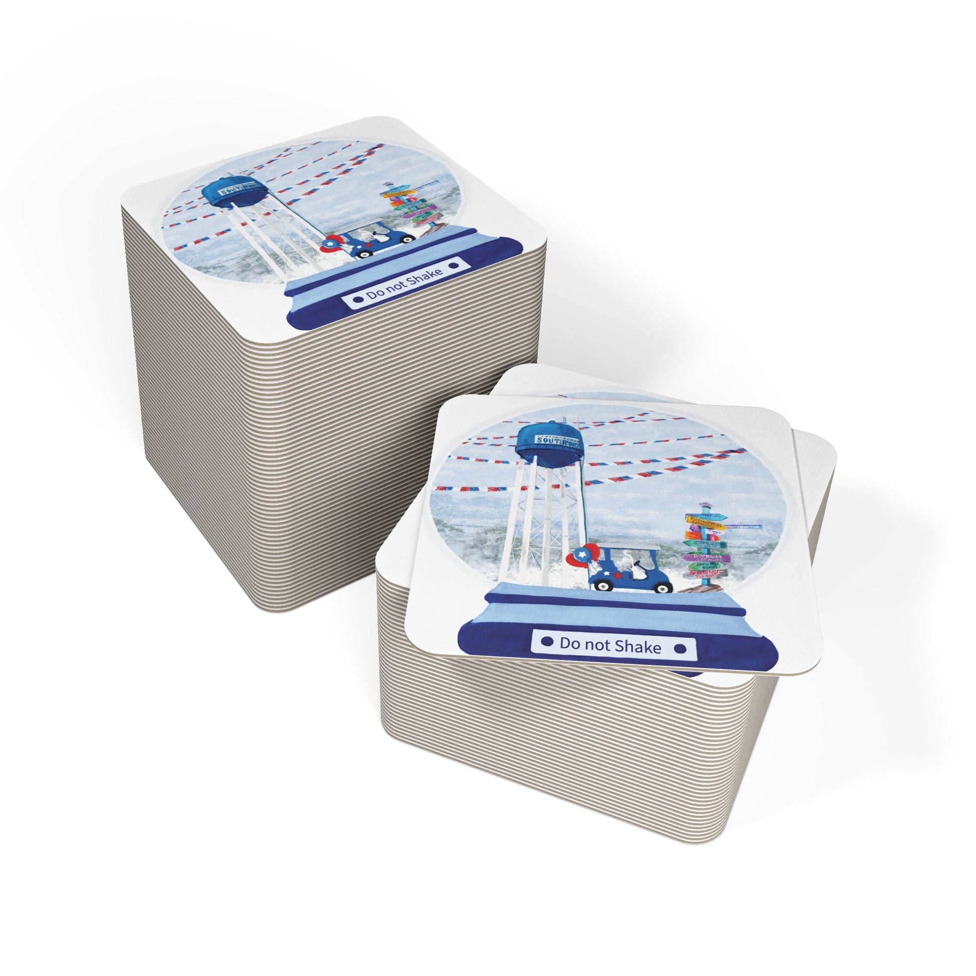 Southport Globe Coasters Set - 50 or 100 pcs | Fun Decor with 'Do Not Shake' Design - Blue Cava