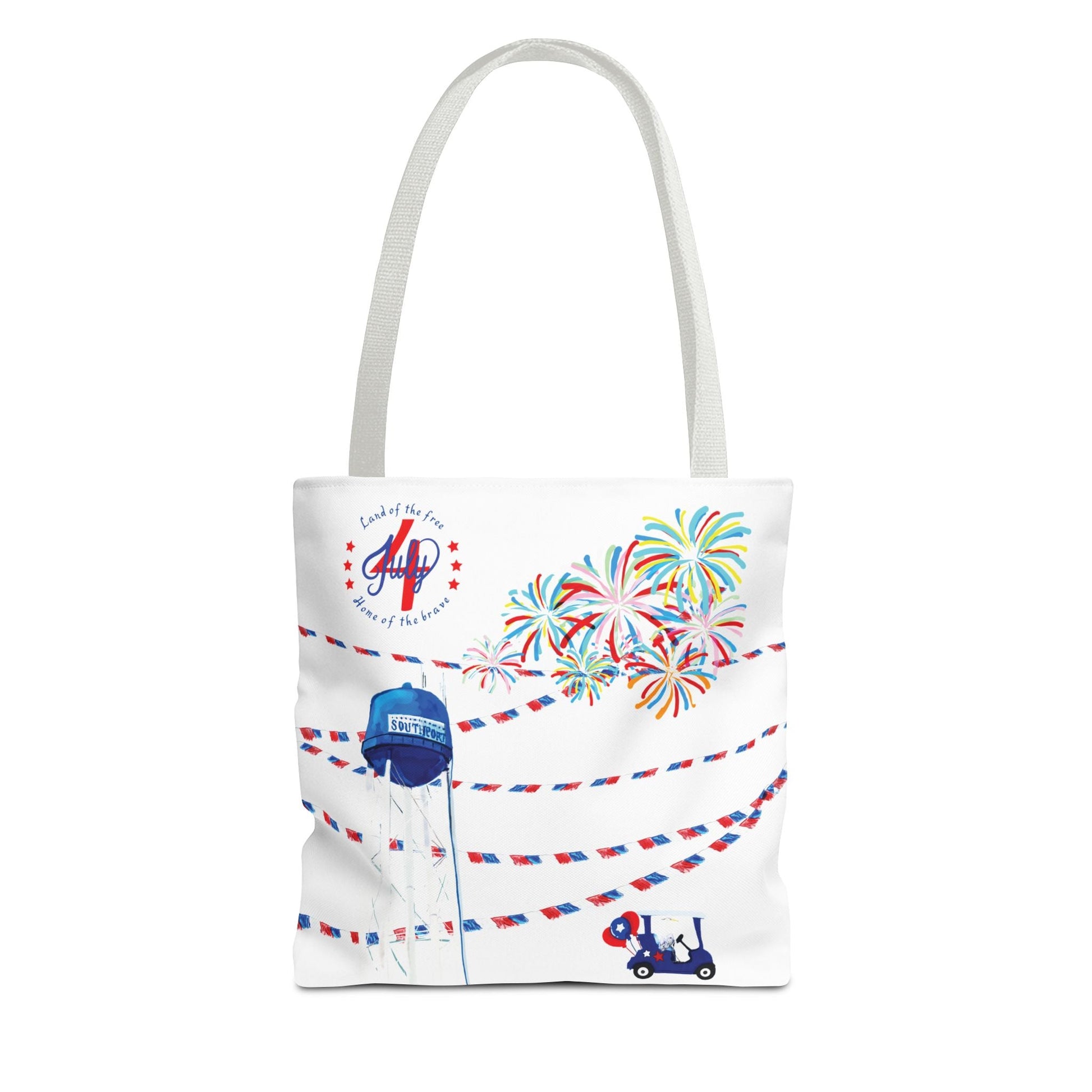 Southport NC July 4th Celebrations Tote Bag With Colored Handles - Blue Cava
