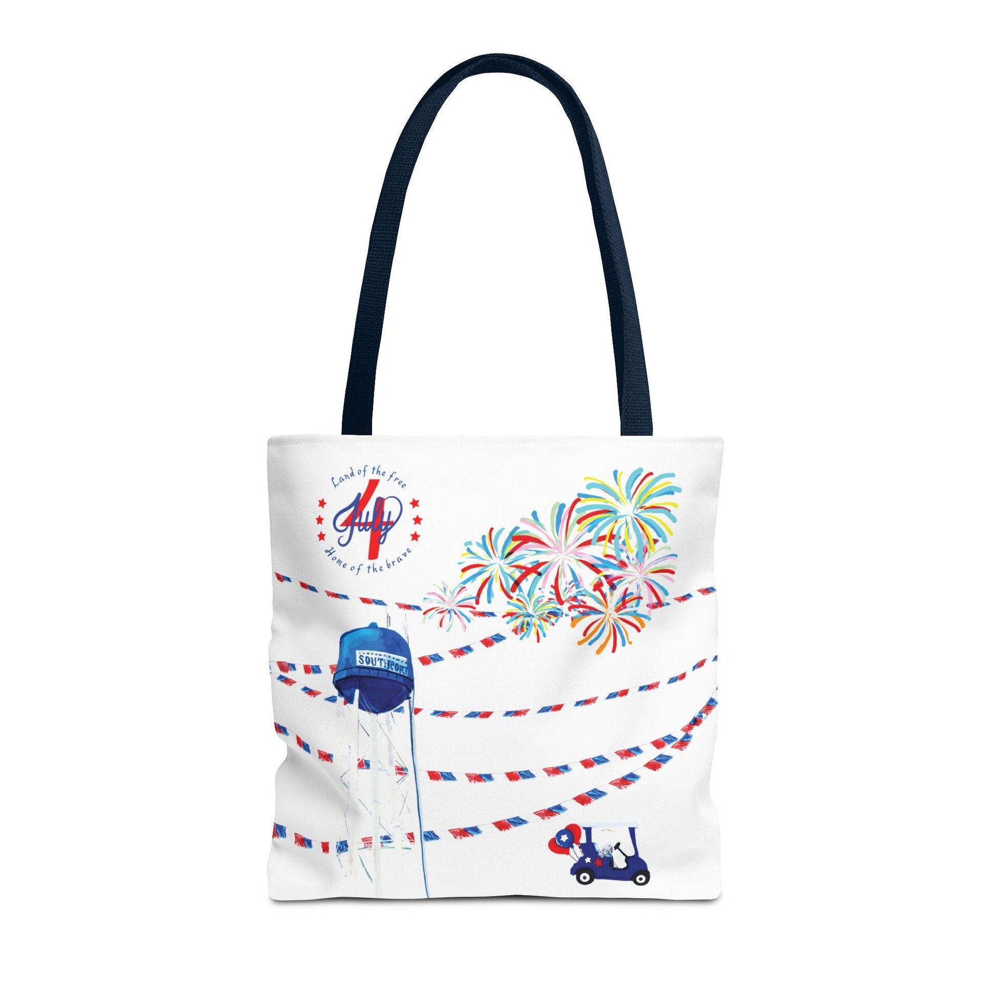 Southport NC July 4th Celebrations Tote Bag With Colored Handles - Blue Cava