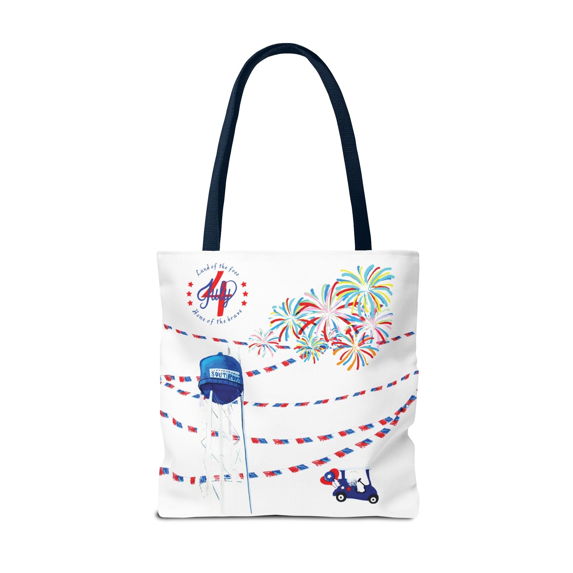 Southport NC July 4th Celebrations Tote Bag With Colored Handles - Blue Cava