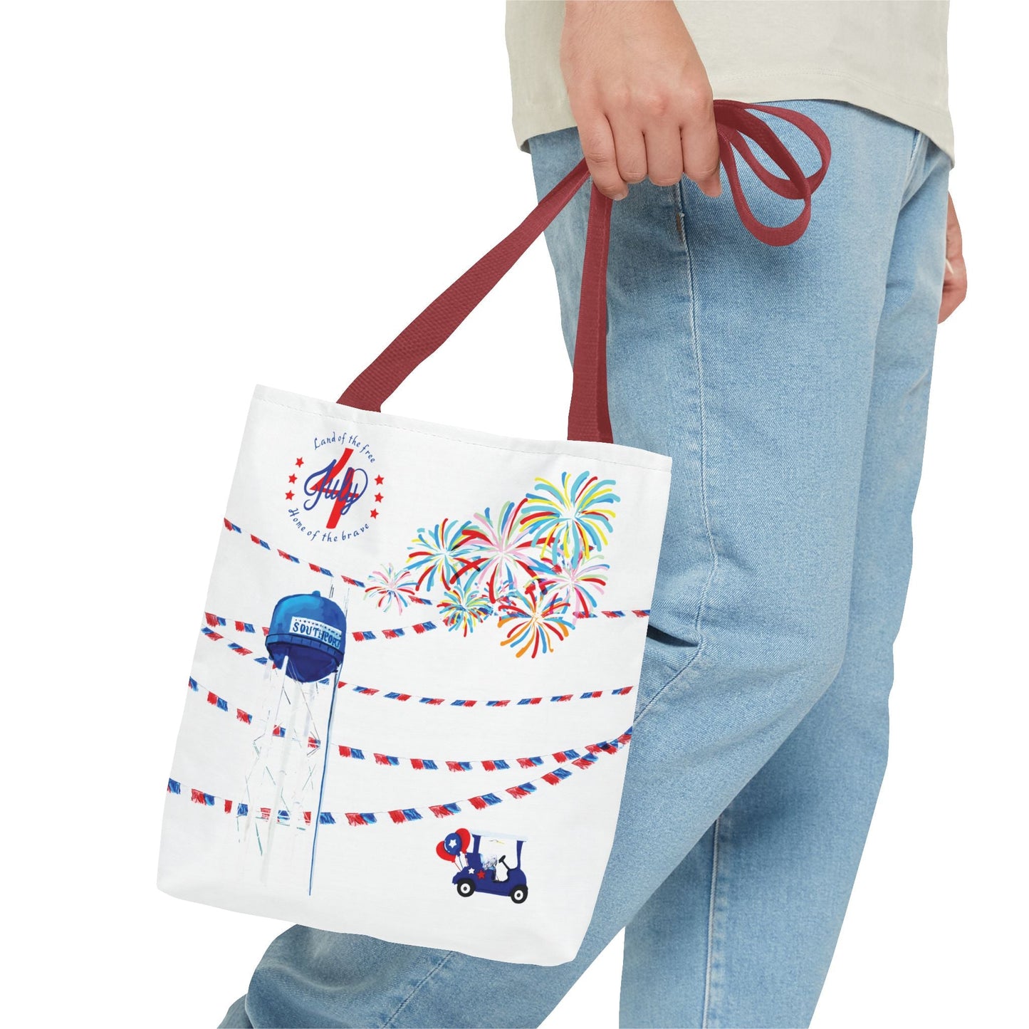 Southport NC July 4th Celebrations Tote Bag With Colored Handles - Blue Cava