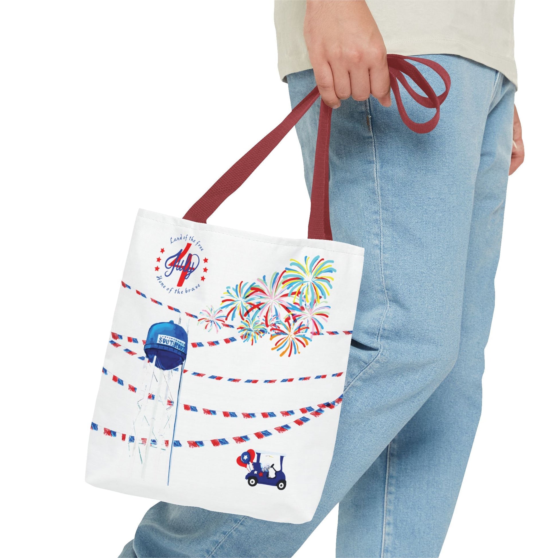Southport NC July 4th Celebrations Tote Bag With Colored Handles - Blue Cava