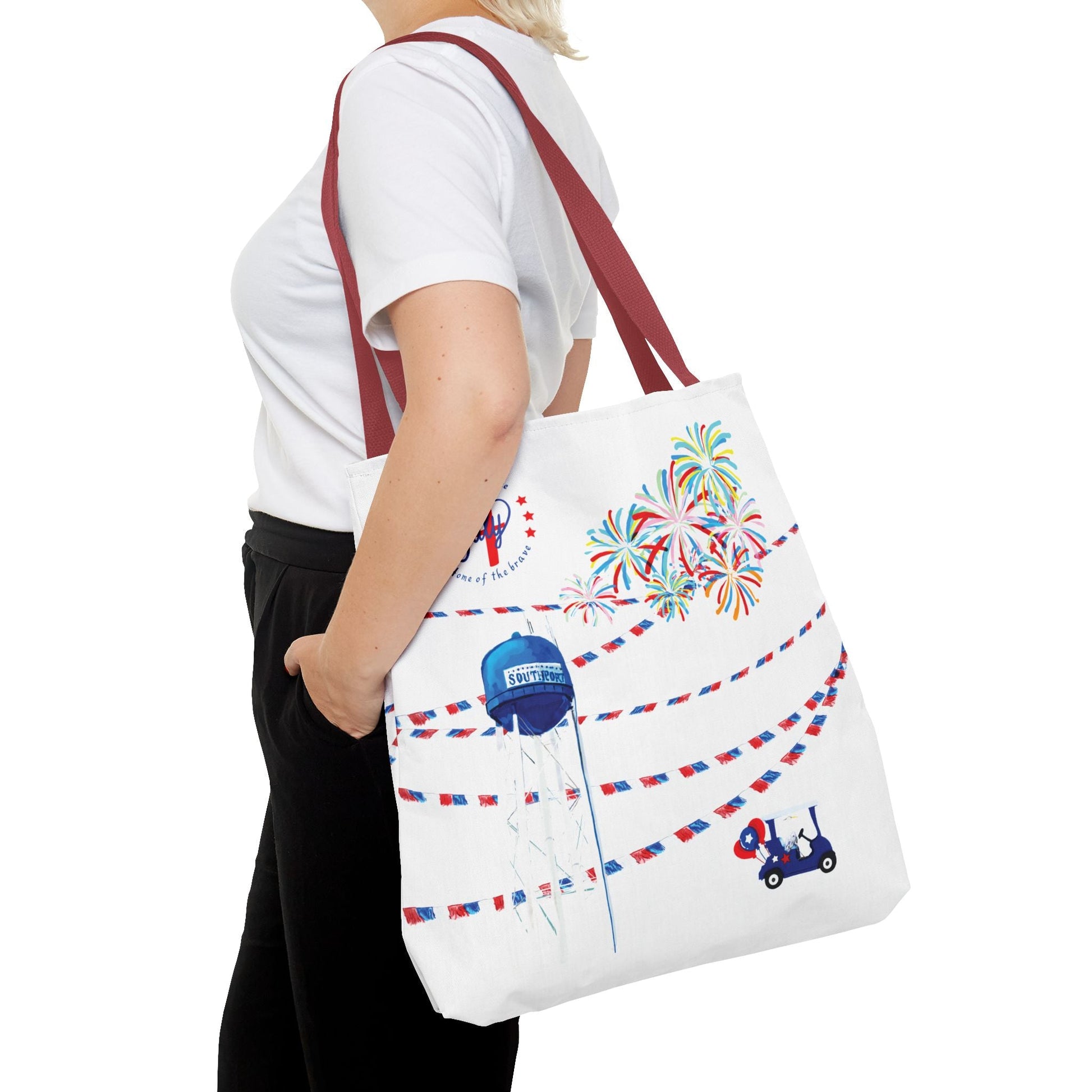 Southport NC July 4th Celebrations Tote Bag With Colored Handles - Blue Cava