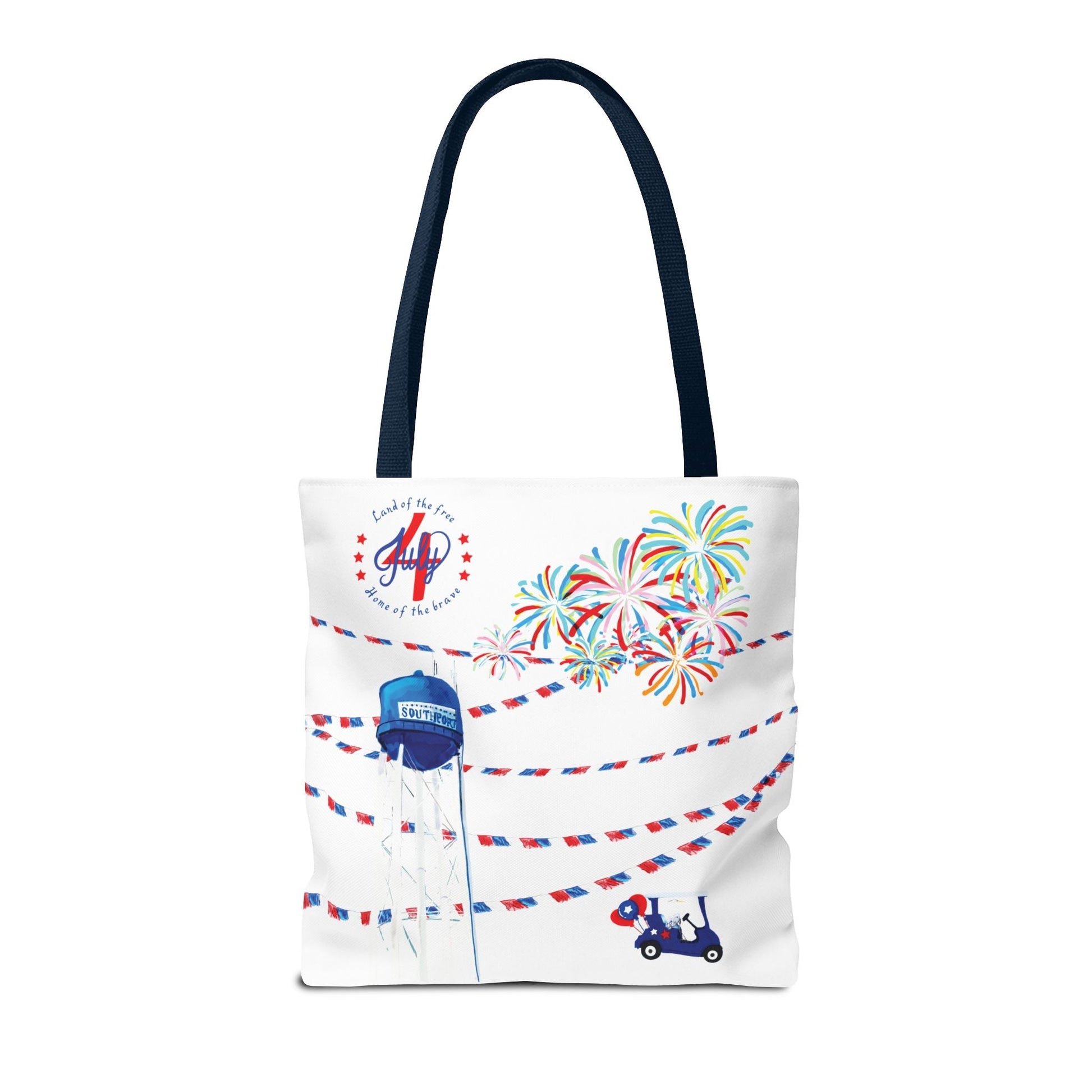 Southport NC July 4th Celebrations Tote Bag With Colored Handles - Blue Cava