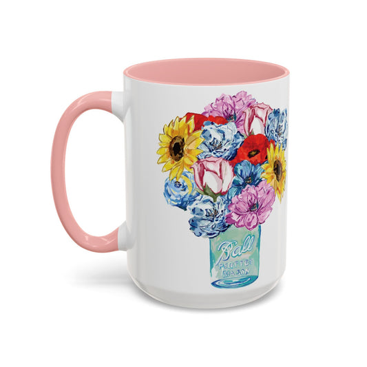 Spring Floral Mason Jar Two Tone Ceramic Mug - 11 oz & 15 oz - Blue Cava