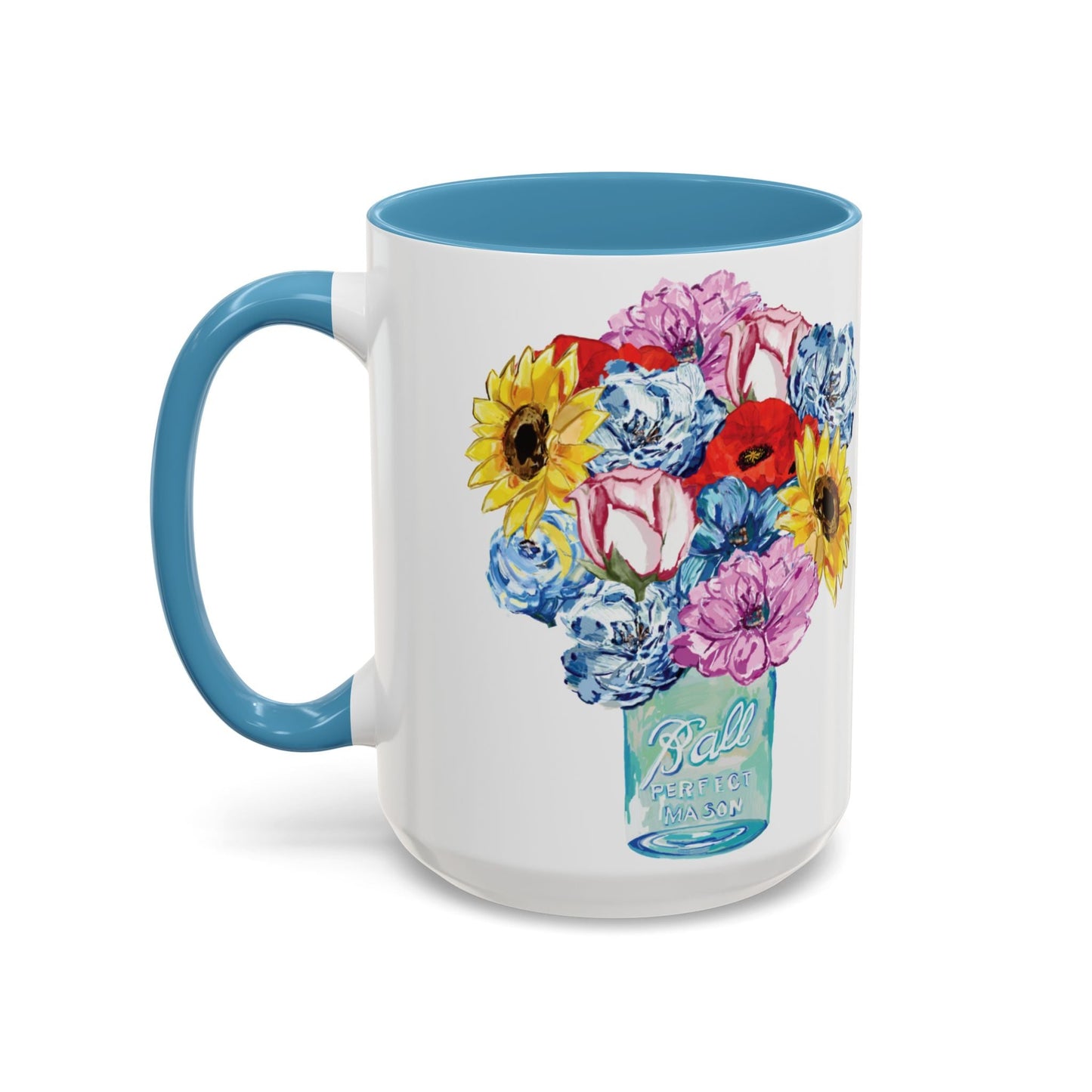Spring Floral Mason Jar Two Tone Ceramic Mug - 11 oz & 15 oz - Blue Cava