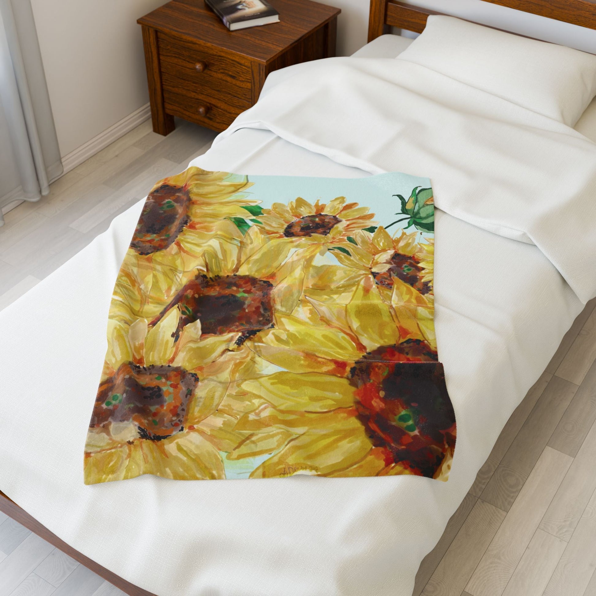 Sunflower Floral Velveteen Plush Blankets - Blue Cava
