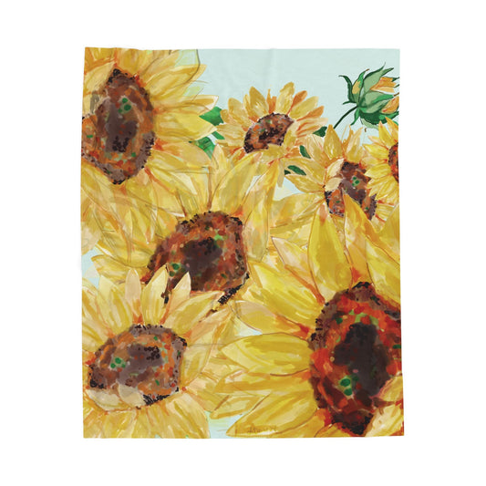Sunflower Floral Velveteen Plush Blankets - Blue Cava