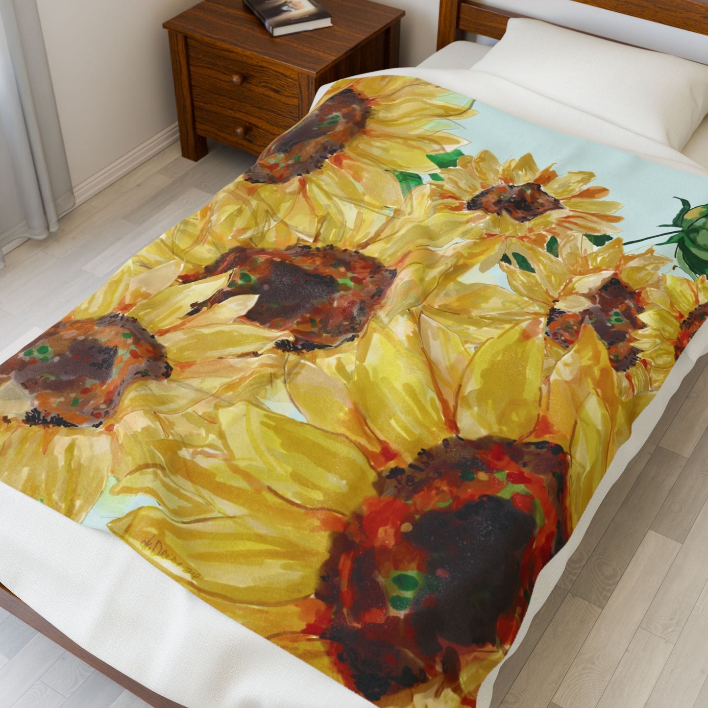 Sunflower Floral Velveteen Plush Blankets - Blue Cava