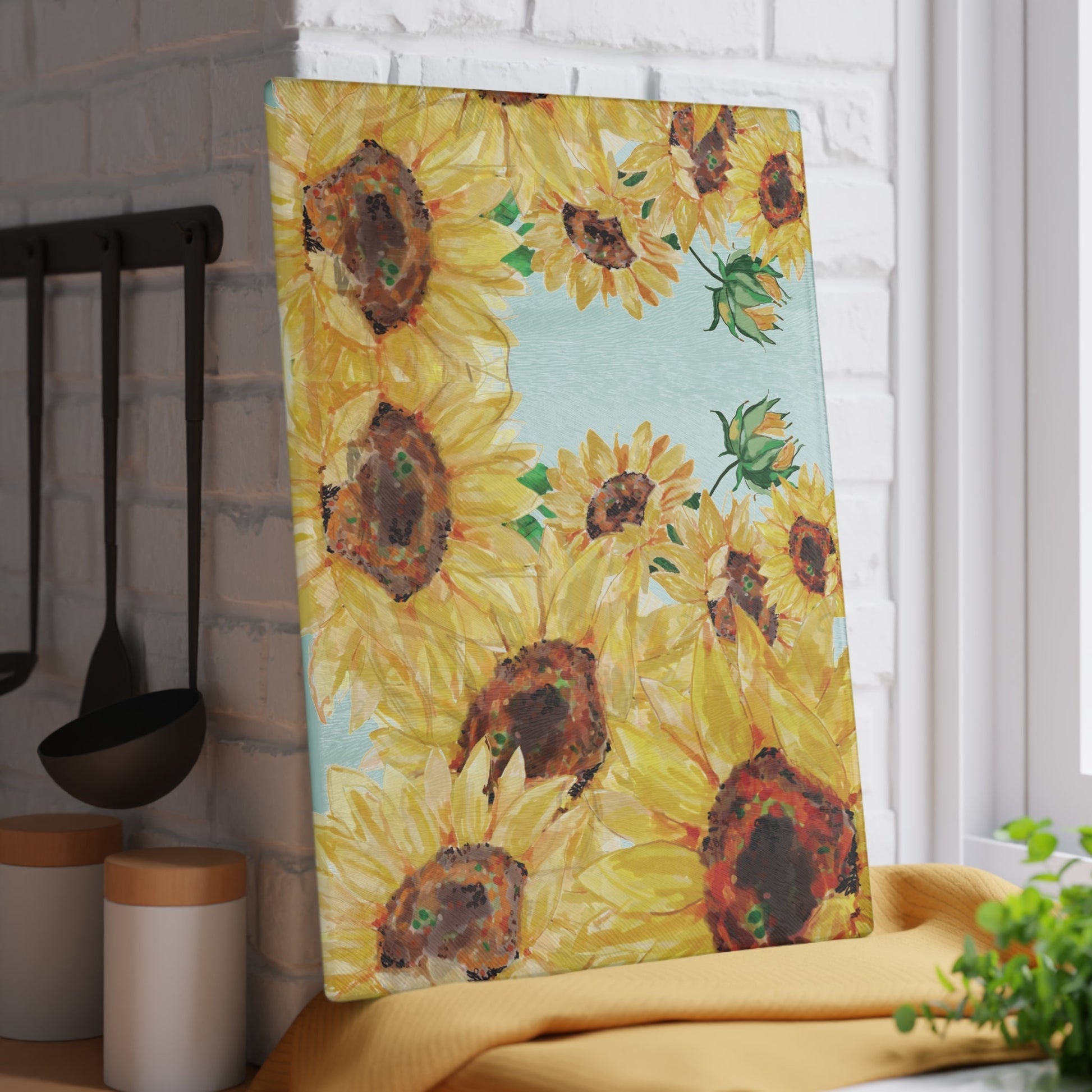 Sunflower Glass Cutting Board | Floral Kitchen Decor - Blue Cava