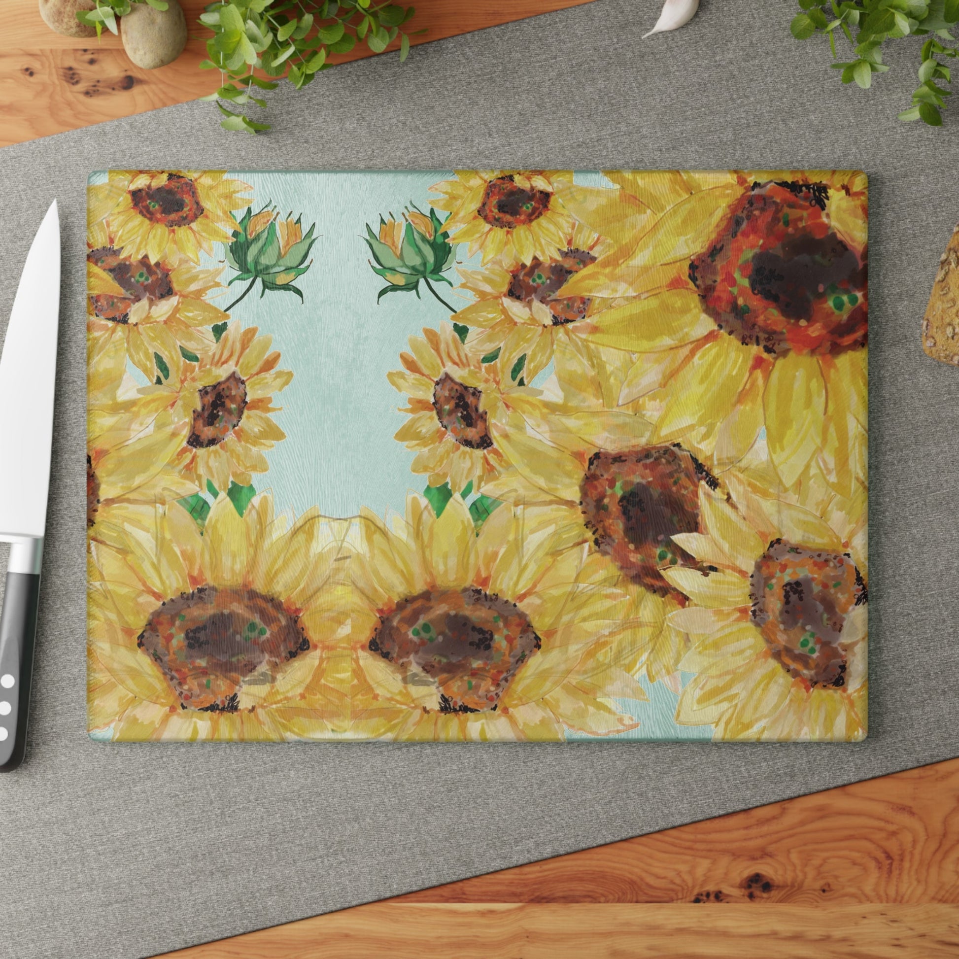 Sunflower Glass Cutting Board | Floral Kitchen Decor - Blue Cava
