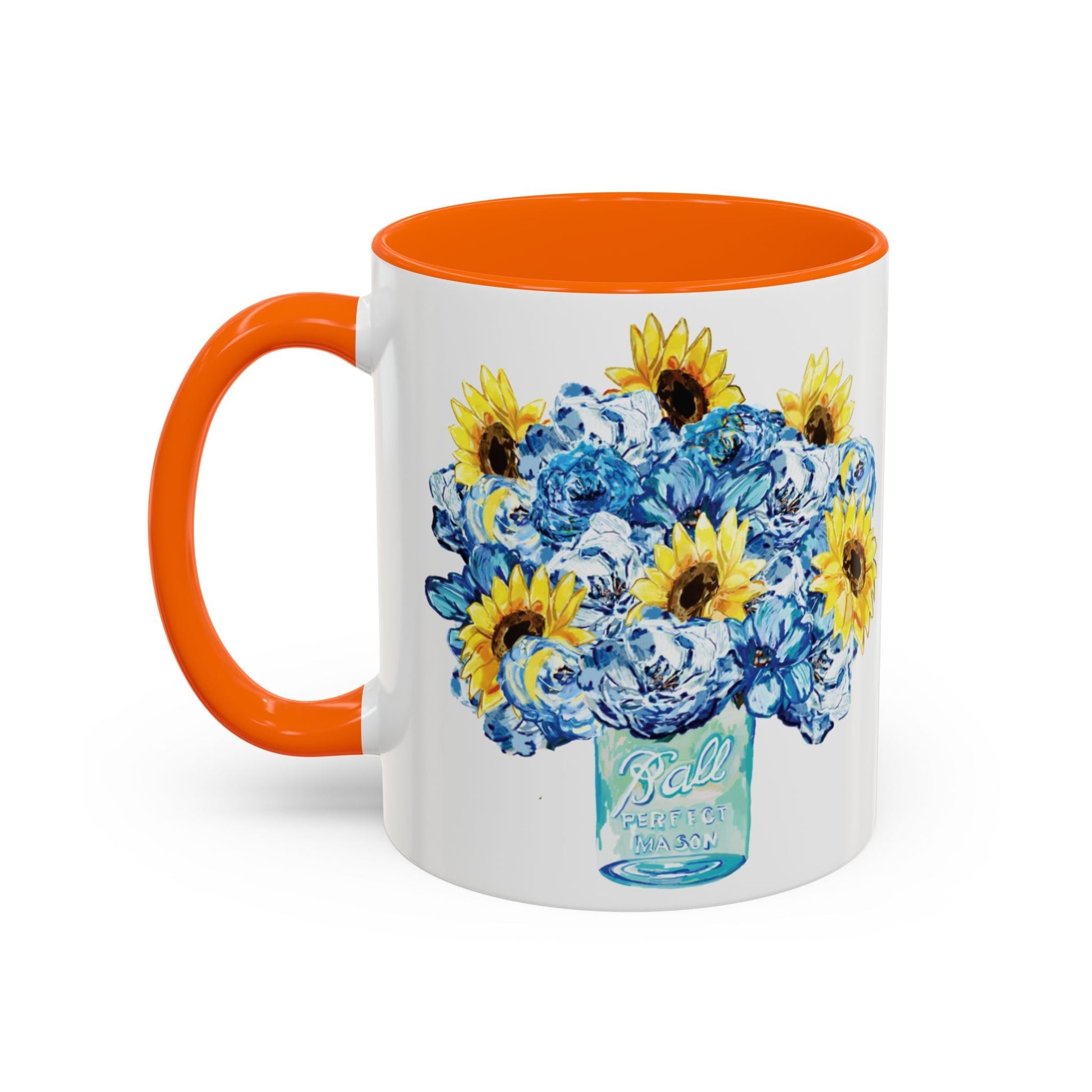 Sunflower Mason Jar Bouquet Two Tone Ceramic Coffee Mug - 11 oz & 15 oz - Blue Cava