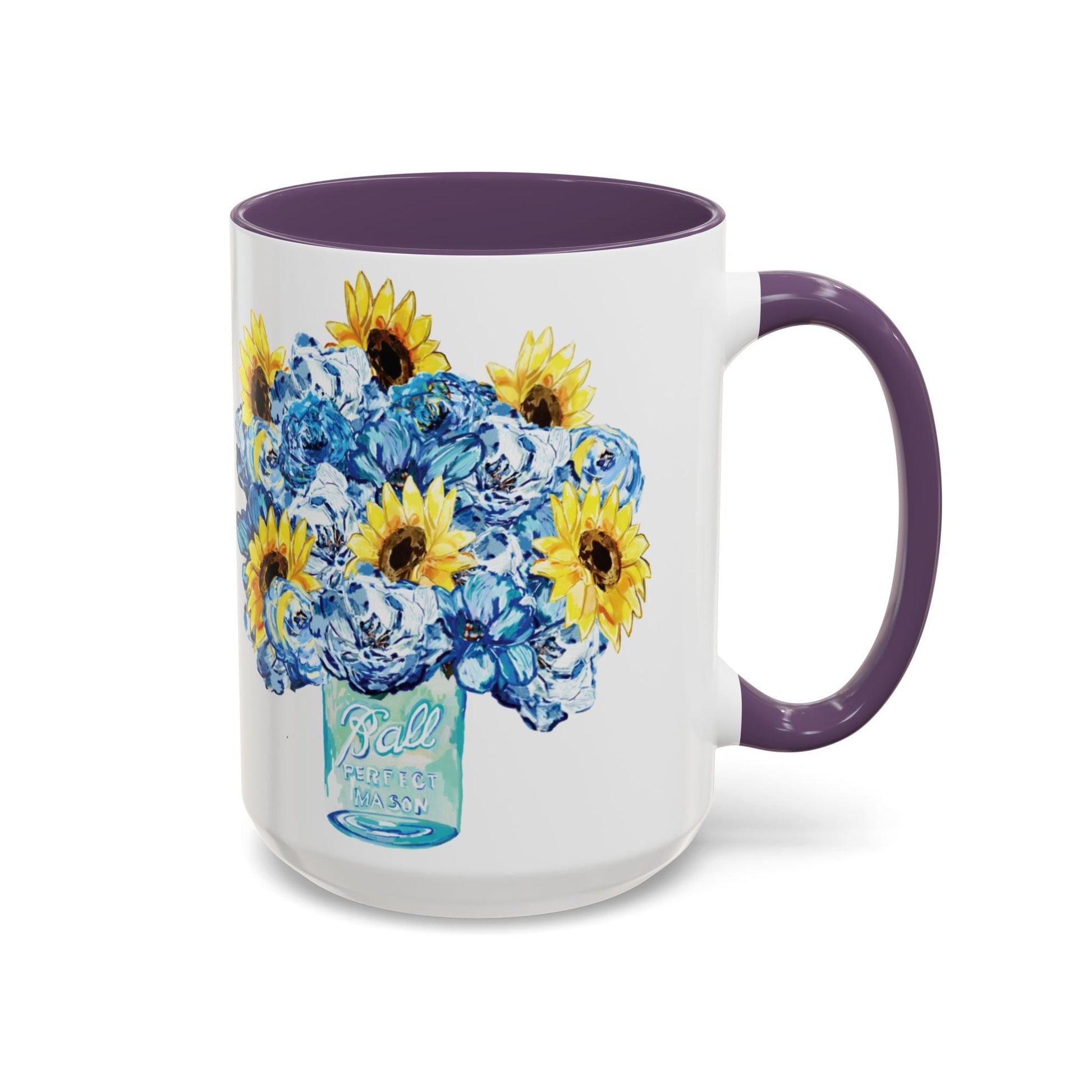 Sunflower Mason Jar Bouquet Two Tone Ceramic Coffee Mug - 11 oz & 15 oz - Blue Cava