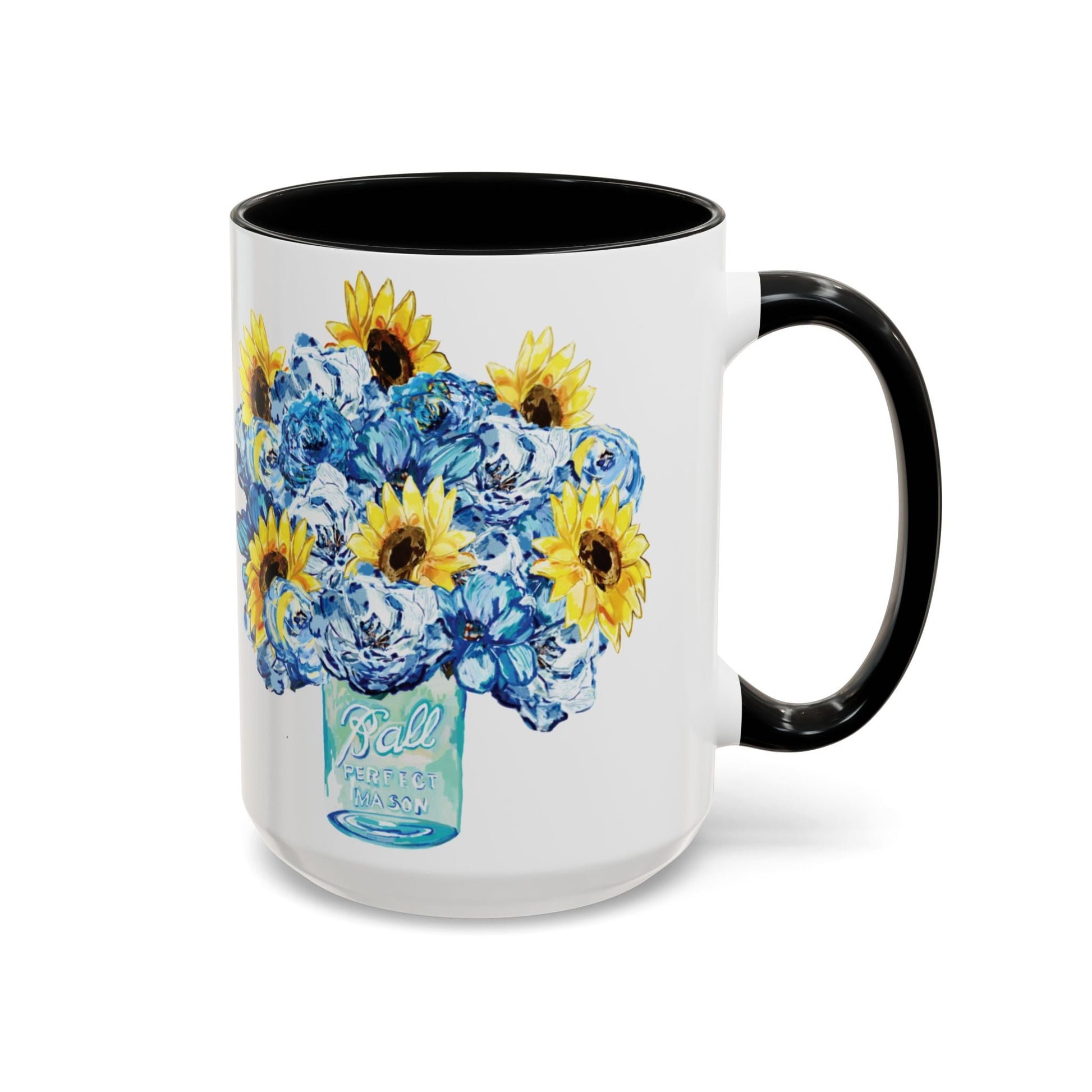 Sunflower Mason Jar Bouquet Two Tone Ceramic Coffee Mug - 11 oz & 15 oz - Blue Cava