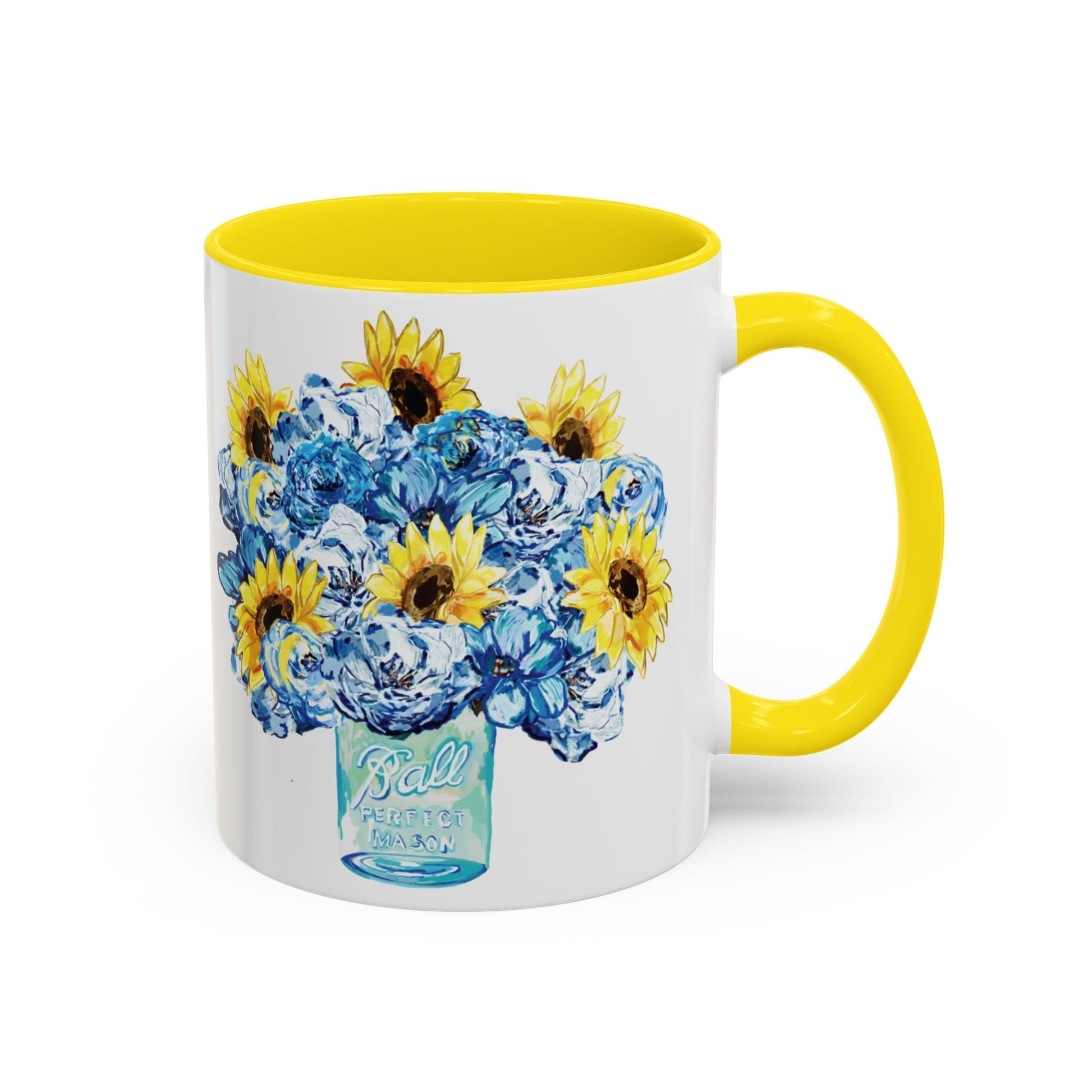 Sunflower Mason Jar Bouquet Two Tone Ceramic Coffee Mug - 11 oz & 15 oz - Blue Cava