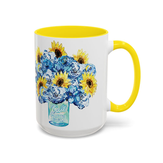 Sunflower Mason Jar Bouquet Two Tone Ceramic Coffee Mug - 11 oz & 15 oz - Blue Cava