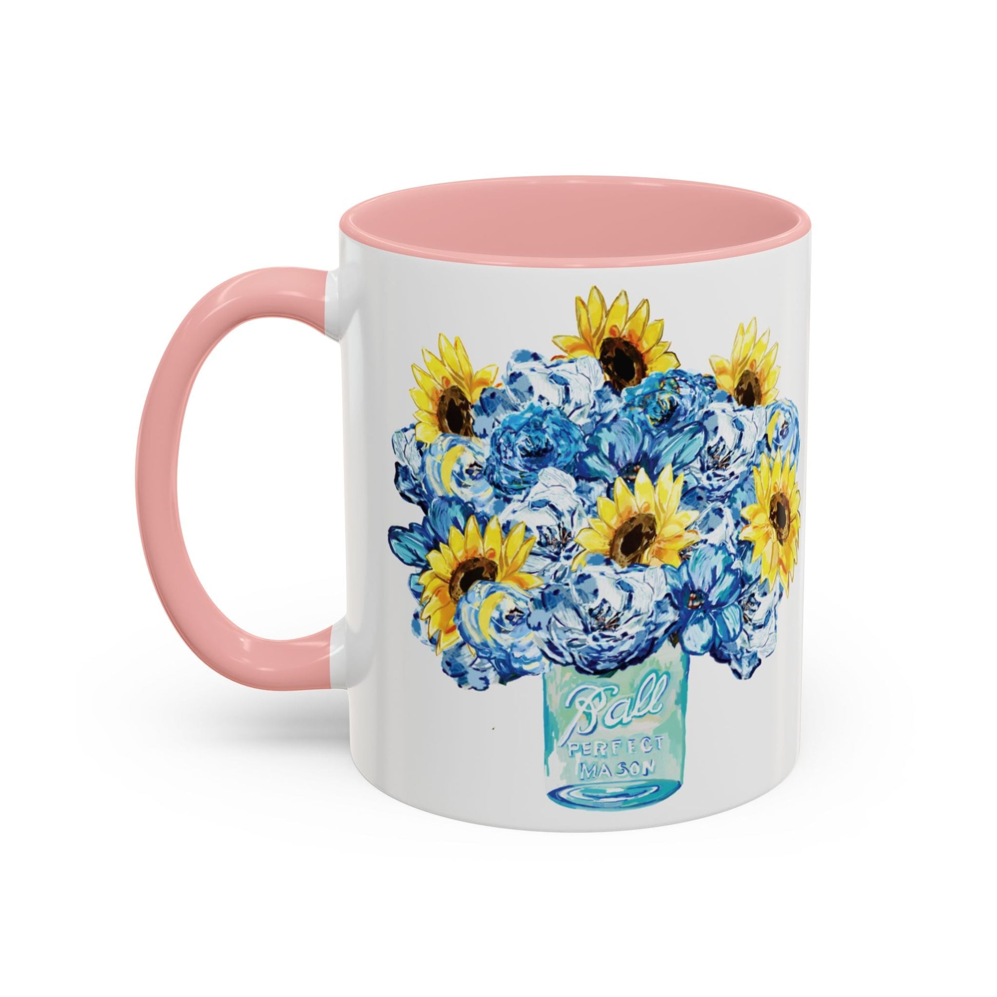 Sunflower Mason Jar Bouquet Two Tone Ceramic Coffee Mug - 11 oz & 15 oz - Blue Cava