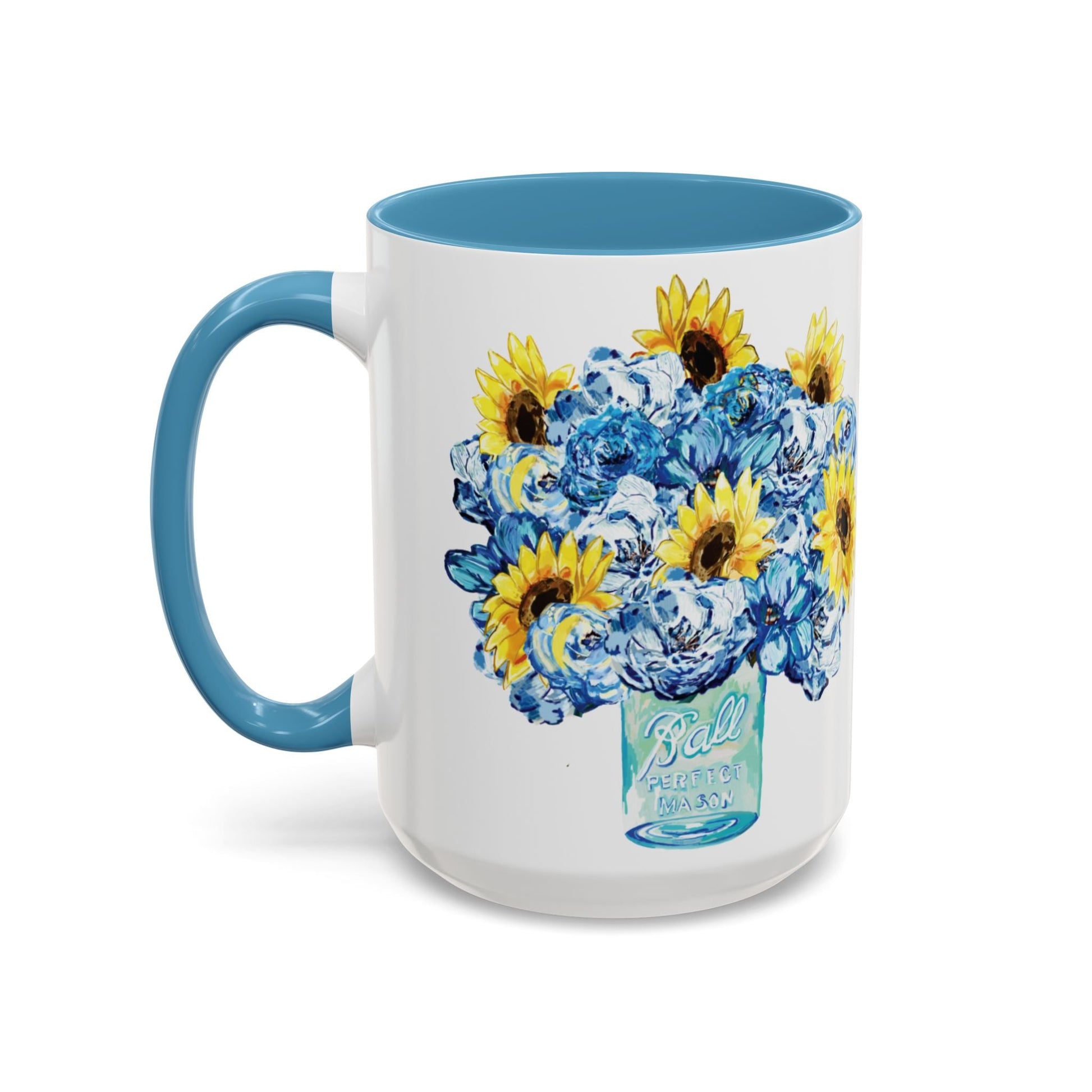 Sunflower Mason Jar Bouquet Two Tone Ceramic Coffee Mug - 11 oz & 15 oz - Blue Cava