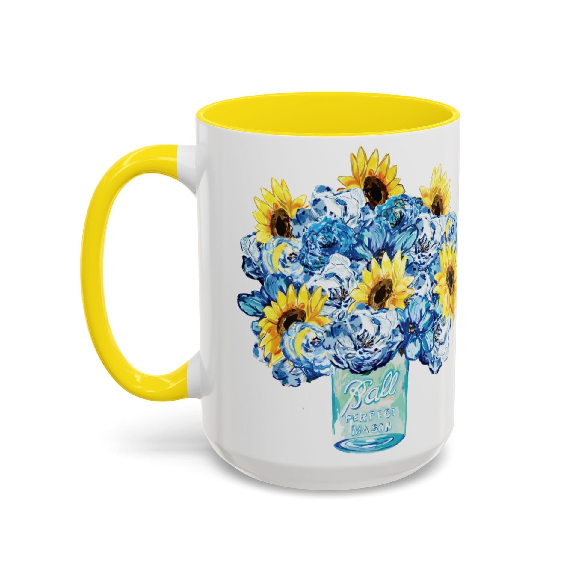 Sunflower Mason Jar Bouquet Two Tone Ceramic Coffee Mug - 11 oz & 15 oz - Blue Cava