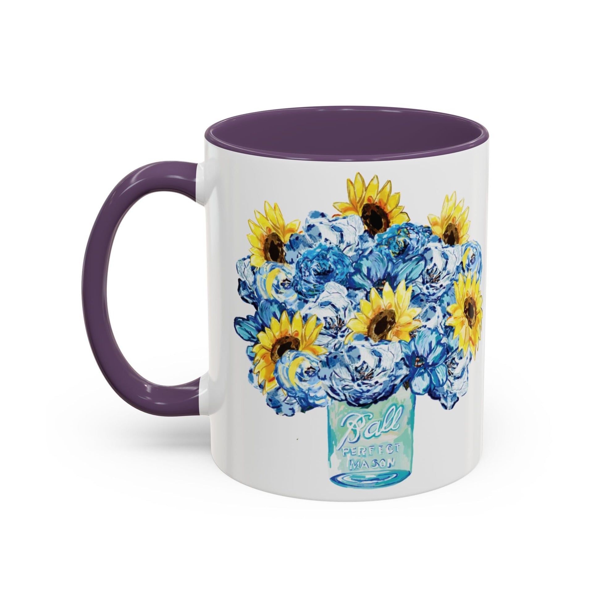 Sunflower Mason Jar Bouquet Two Tone Ceramic Coffee Mug - 11 oz & 15 oz - Blue Cava