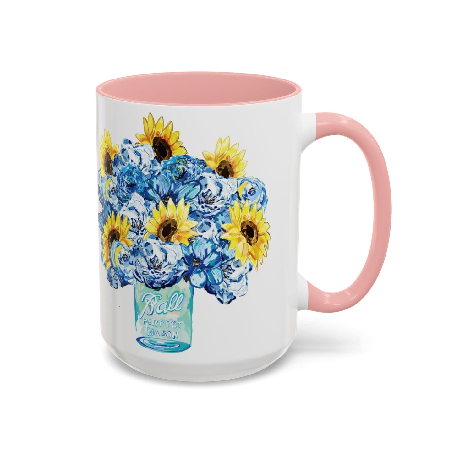 Sunflower Mason Jar Bouquet Two Tone Ceramic Coffee Mug - 11 oz & 15 oz - Blue Cava
